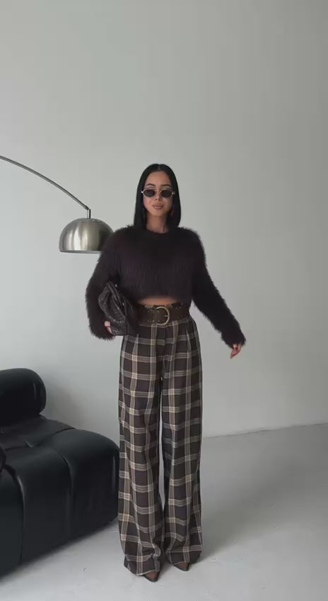 Kahverengi Yüksek Bel Ekose Pileli Pantolon MM1491