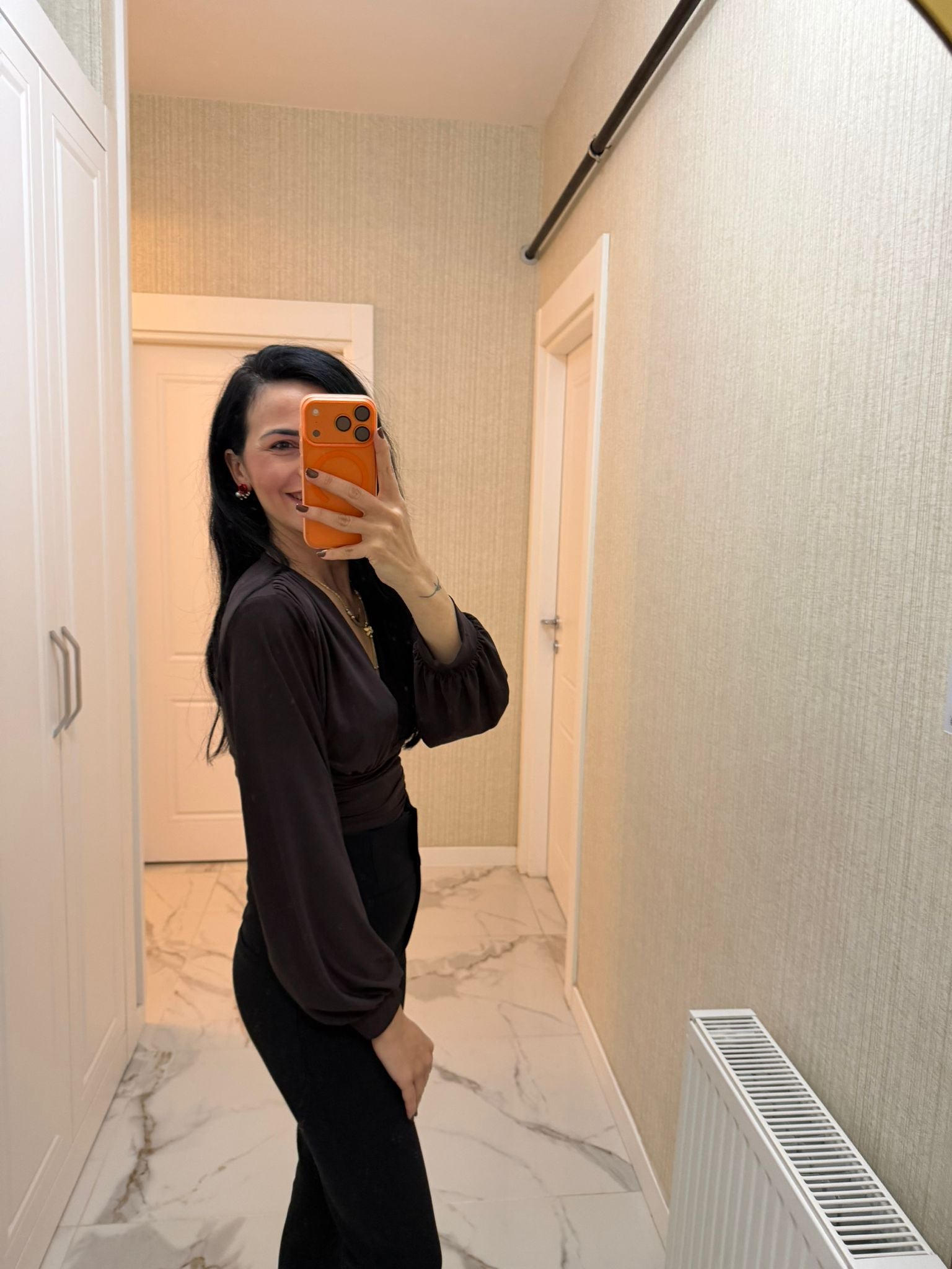 Kahverengi V Yaka Candy Bluz KL-3282