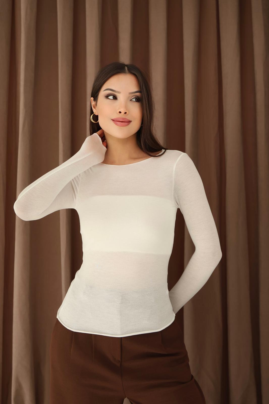 Beyaz Kayık Yaka Kaşmir Transpan Bluz FC0116