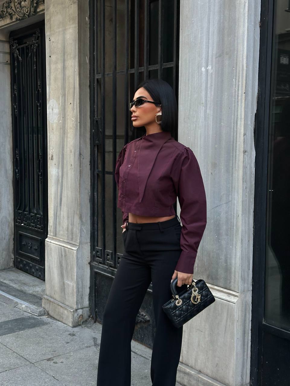 Bordo Asimetrik Kesim Tasarım Crop Gömlek E-221784