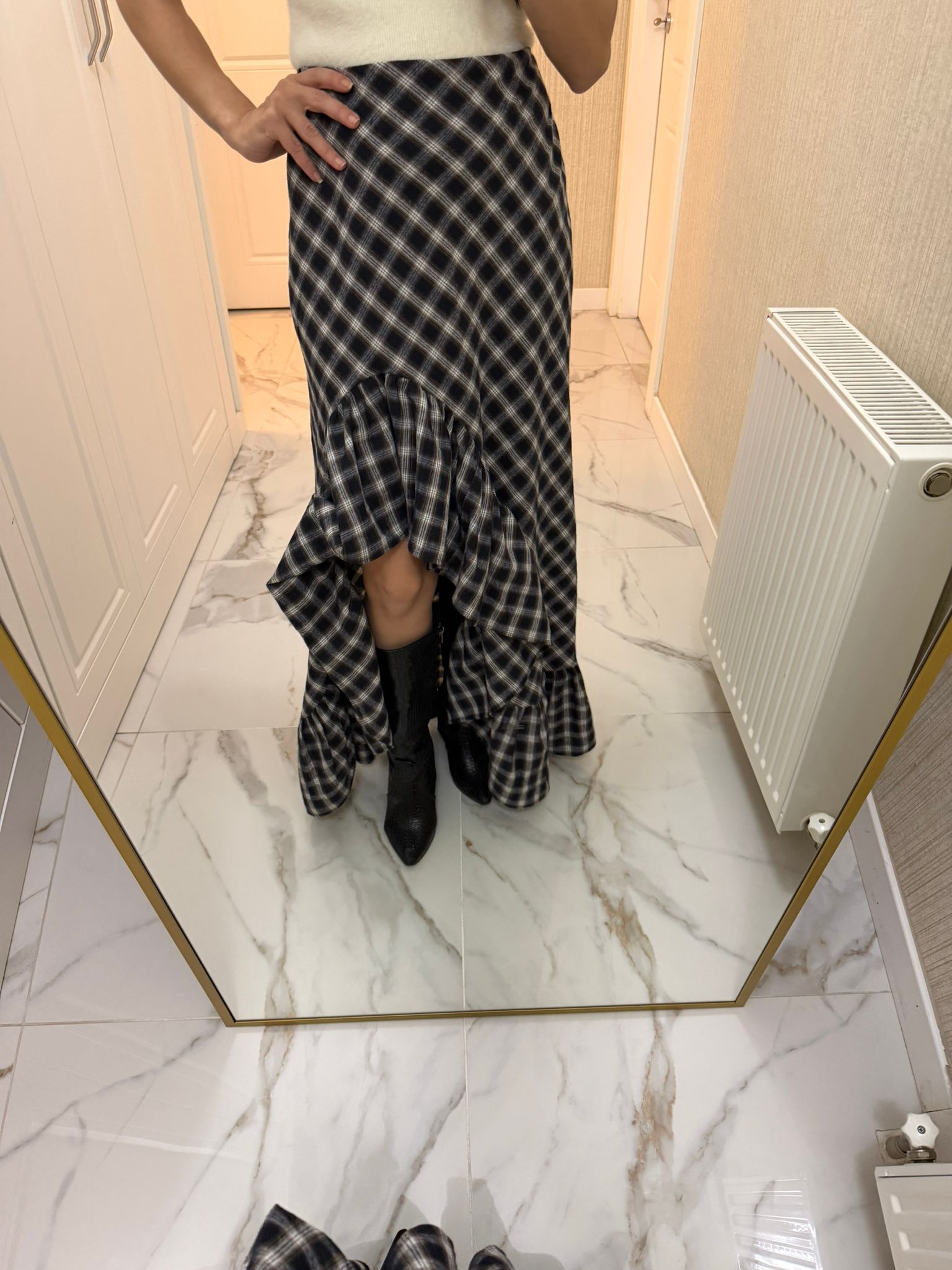 Lacivert Ekose Fırfırlı Uzun Etek M0383