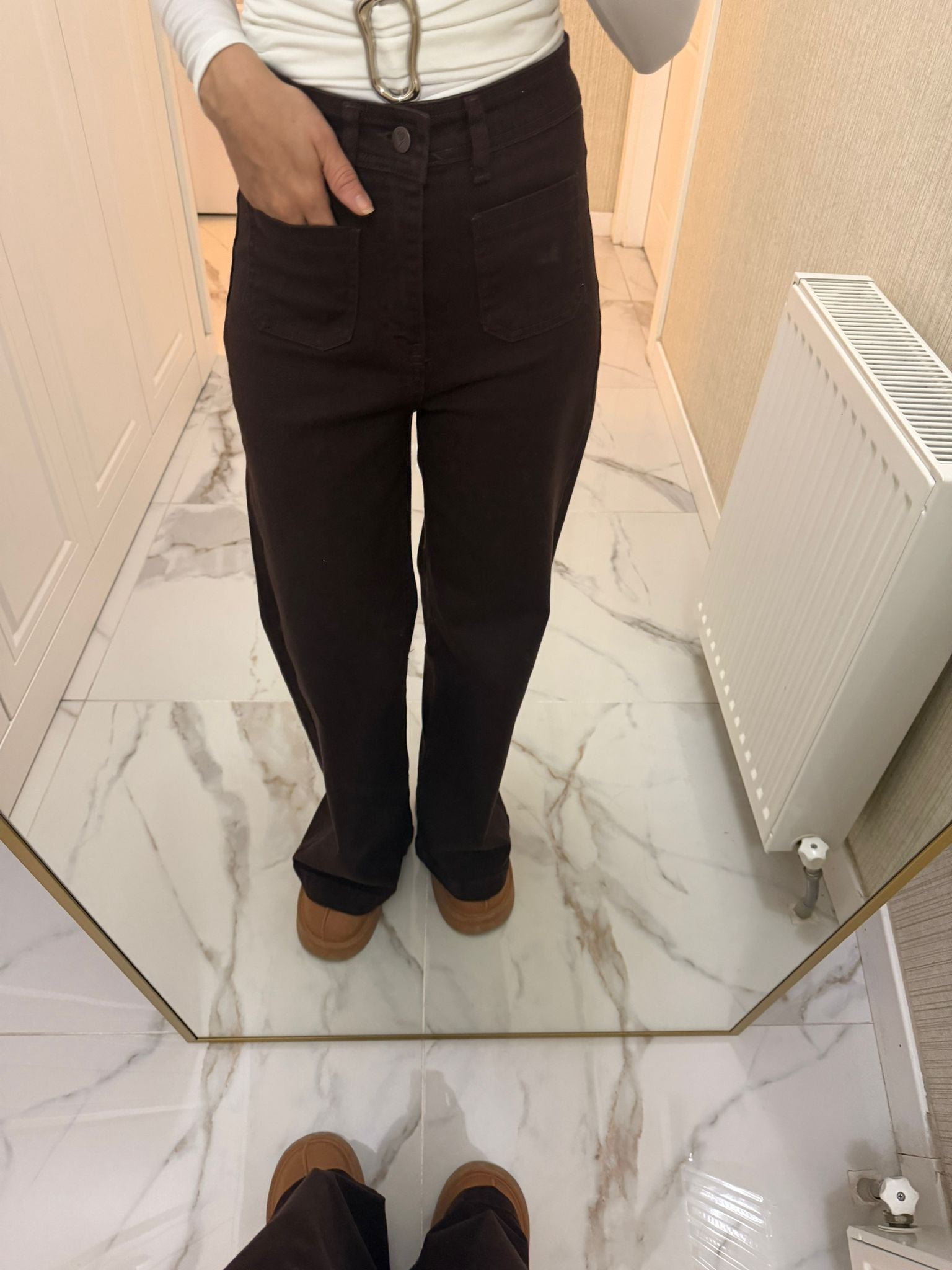 Kahverengi Yüksek Bel Yama Cepli Jean Pantolon XL7079-78