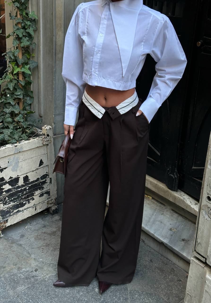 Beyaz Asimetrik Kesim Tasarım Crop Gömlek E-221784