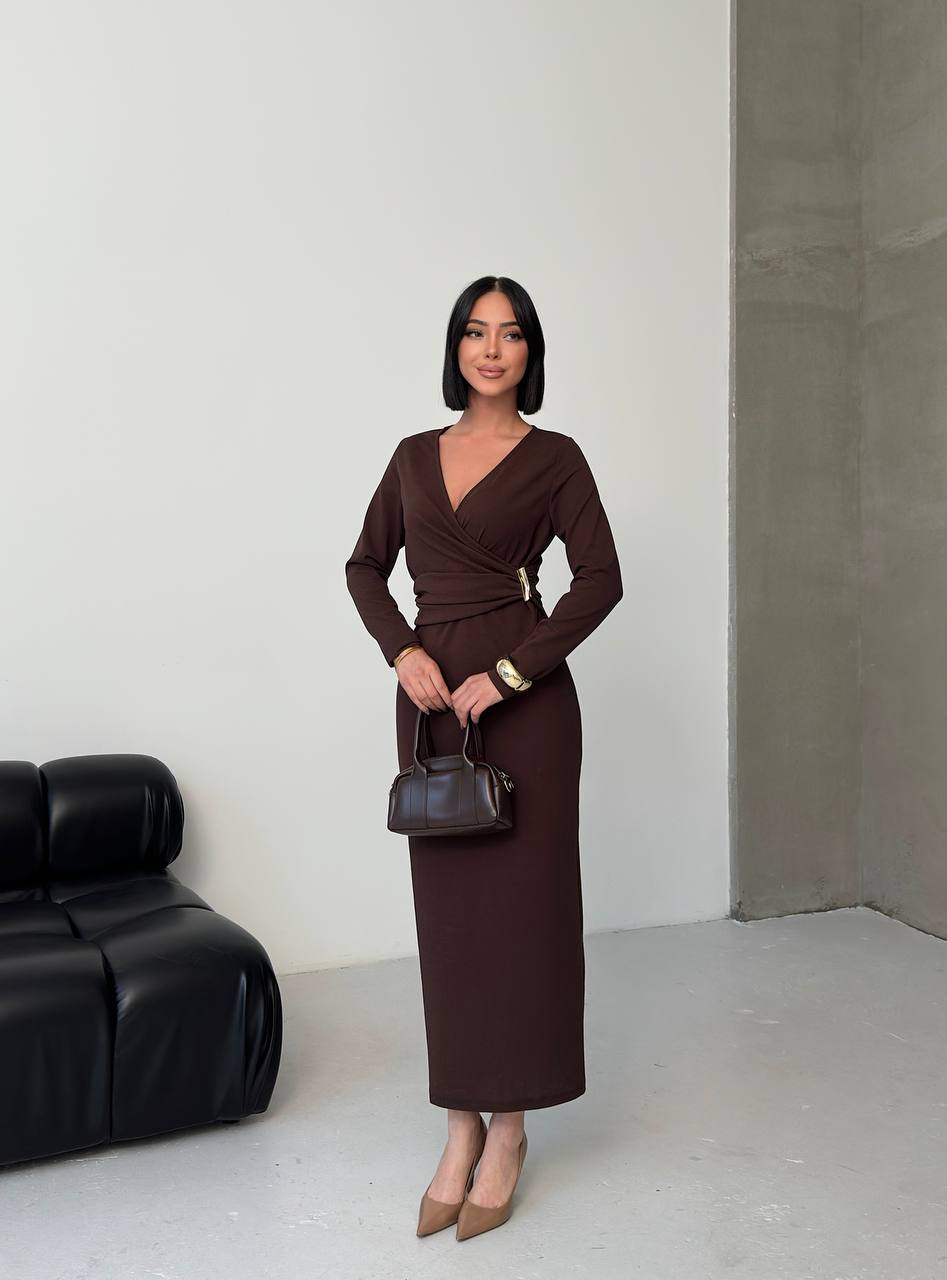 Kahverengi Kruvaze Elbise S-1352