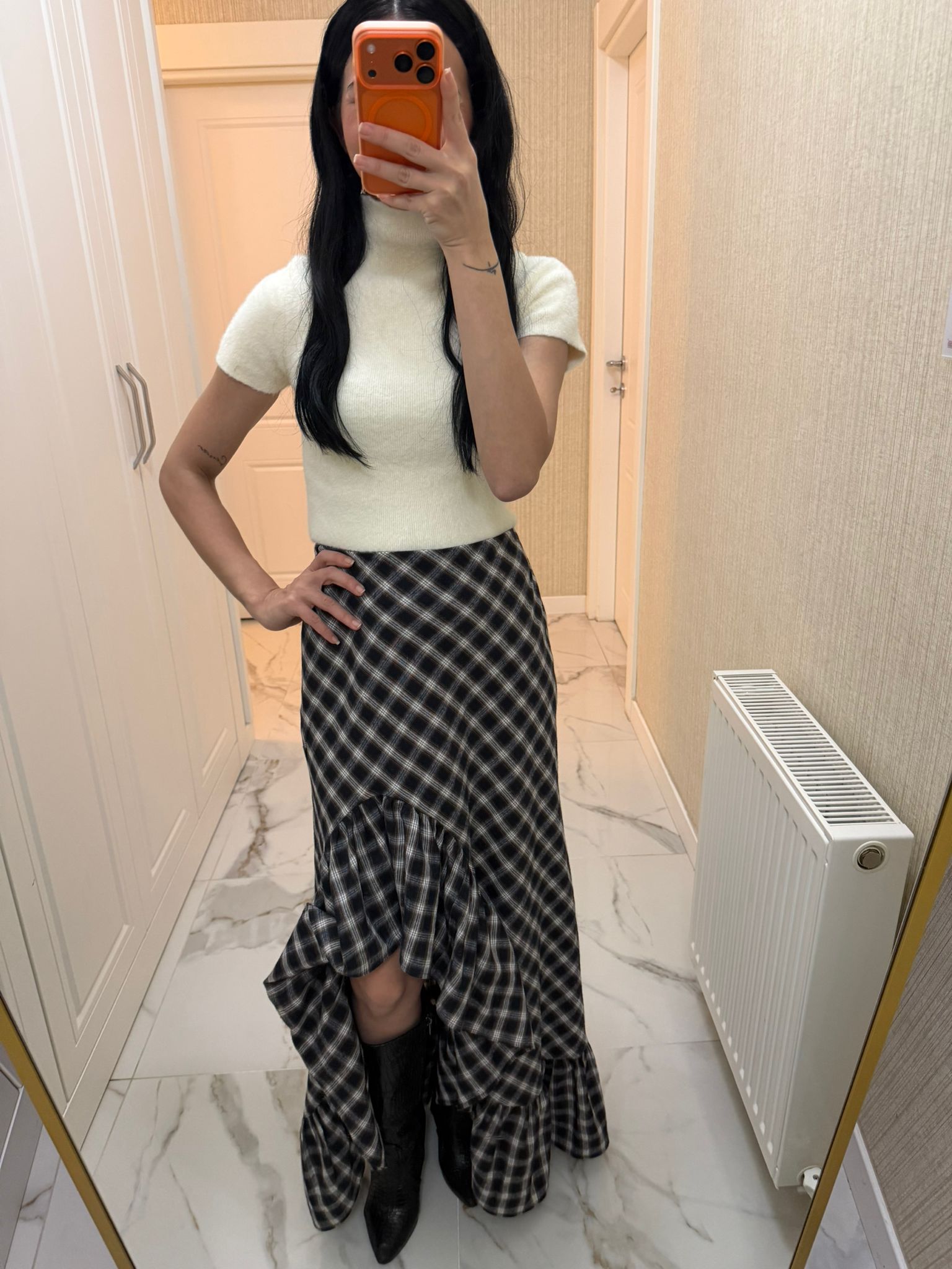 Lacivert Ekose Fırfırlı Uzun Etek M0383