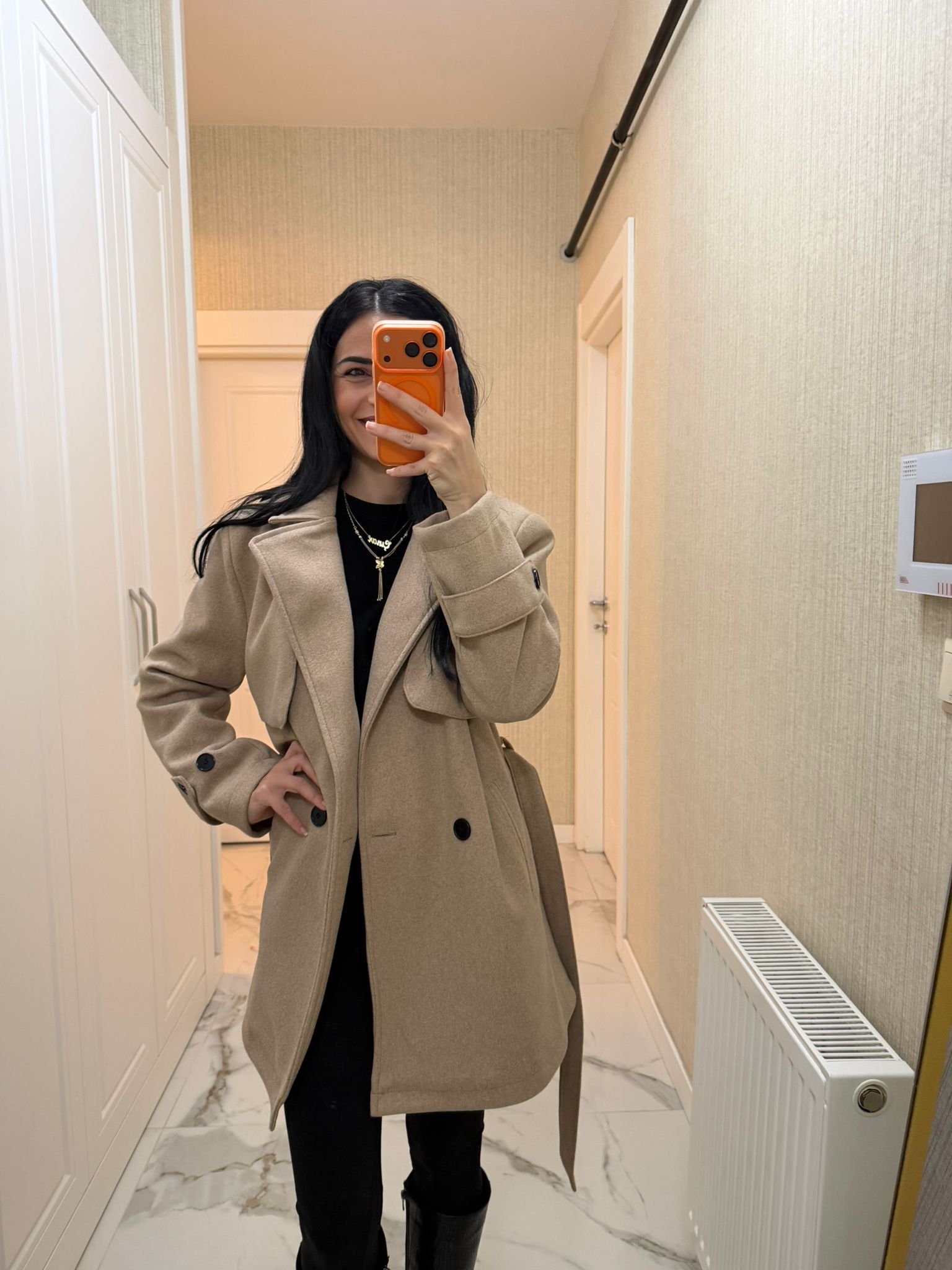 Bej Ara Boy Kaşe Kaban E2782