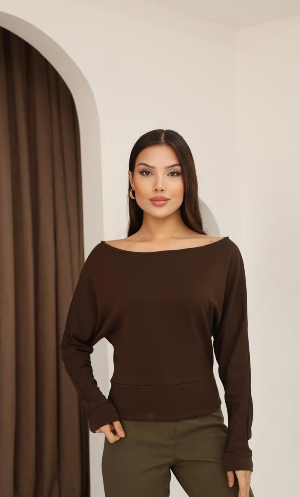 Kahverengi Kayık Yaka Yarasa Kol Bluz FC0109