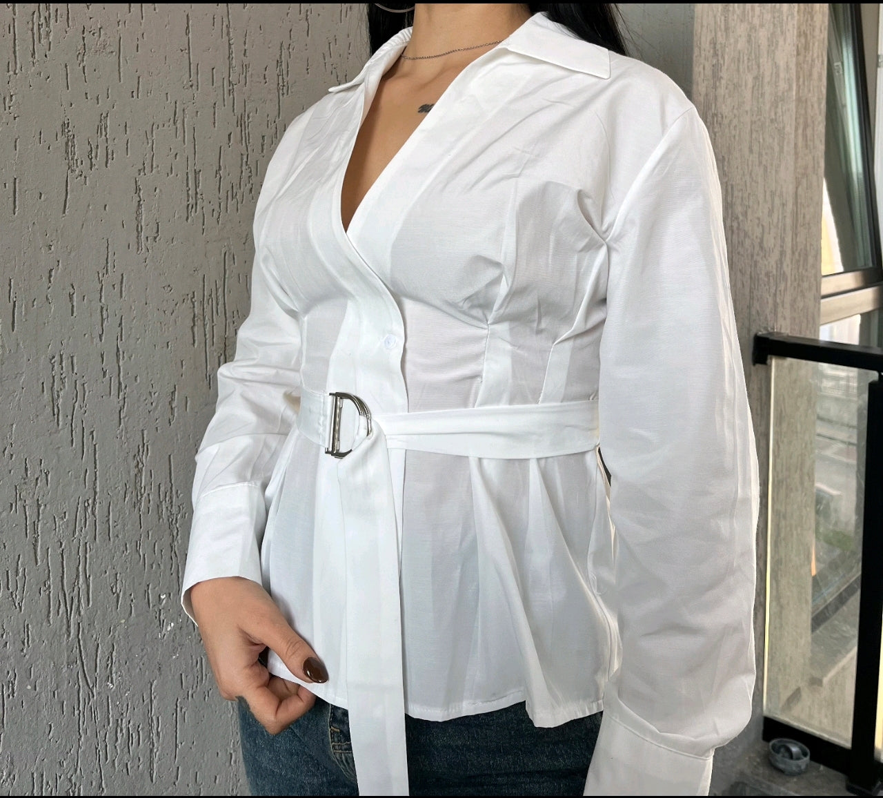 Beyaz Kemerli Poplin Gömlek W0799