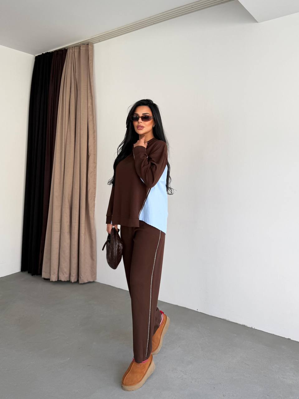 Kahverengi Yanları Taş Detay Garnili Eşofman Takımı KF-7631