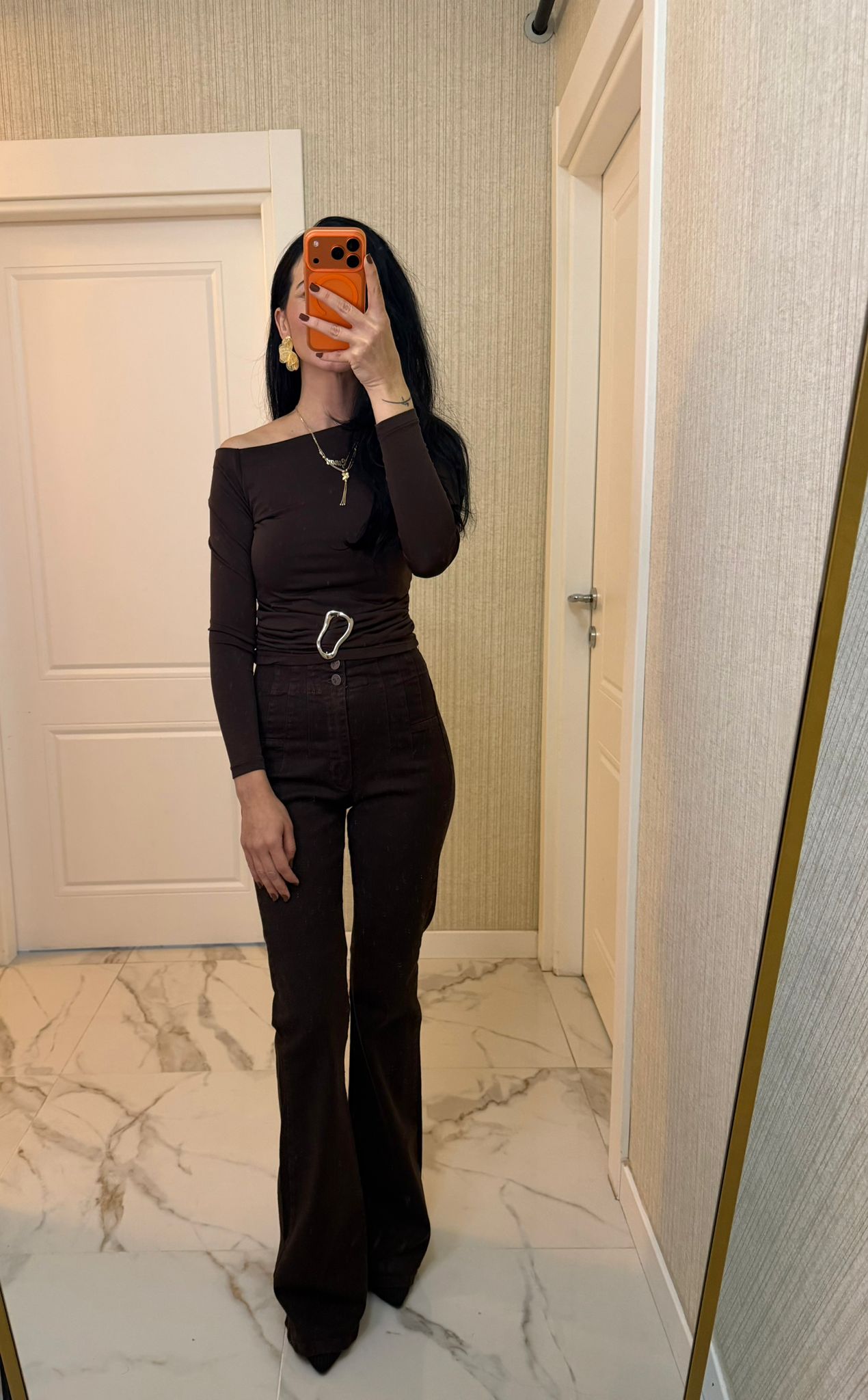 Kahverengi Pensli İspanyol Paça Jeans Pantolon XL7021-78