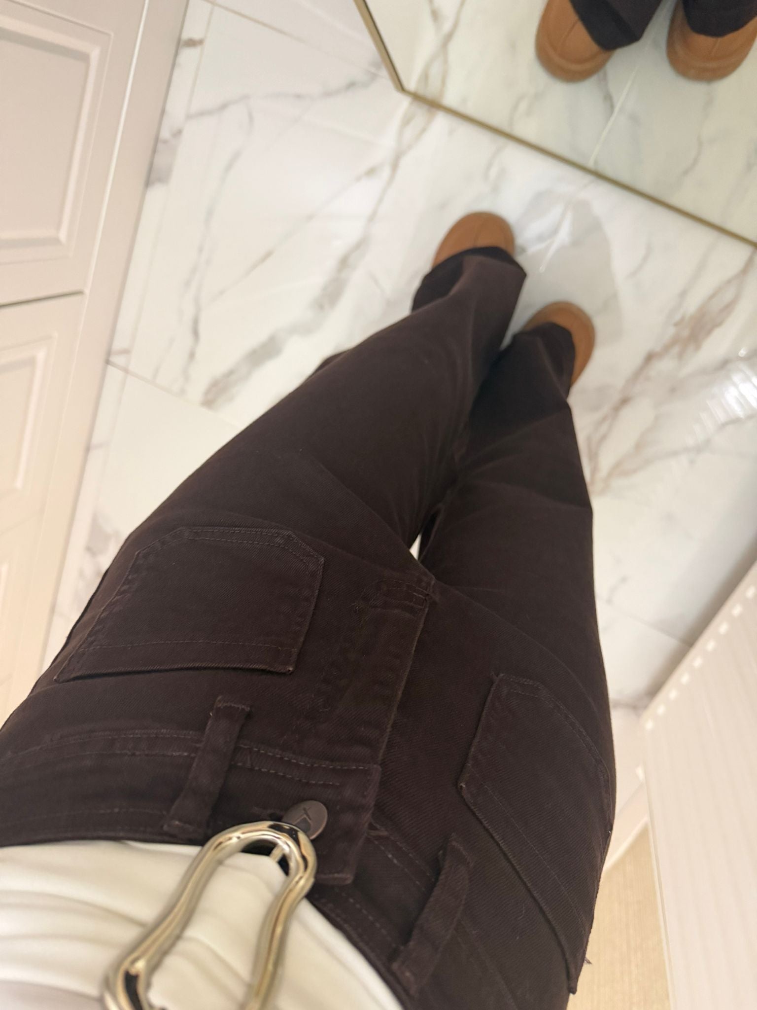 Kahverengi Yüksek Bel Yama Cepli Jean Pantolon XL7079-78