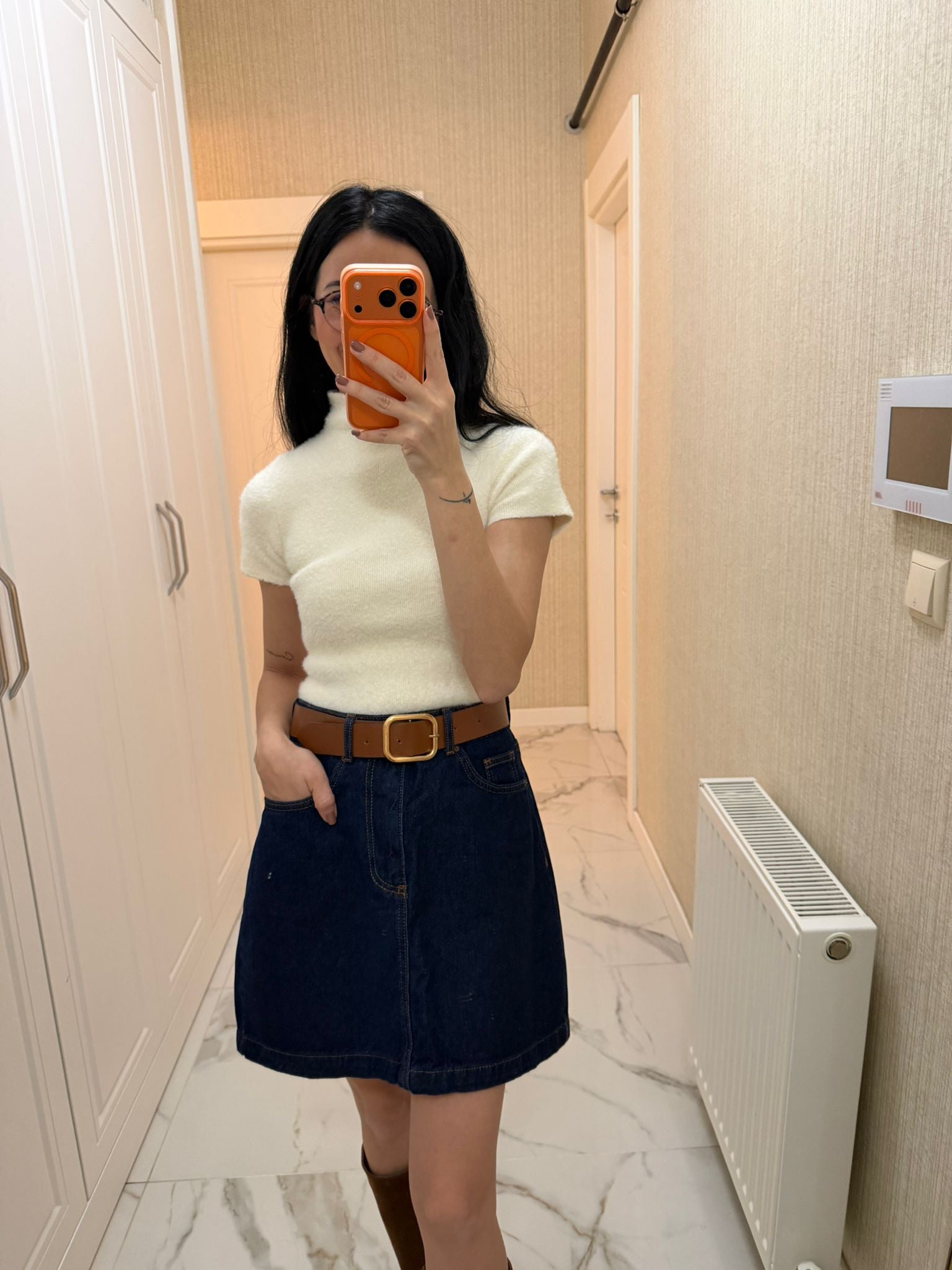 Lacivert Kemerli Mini Kot Etek XL1046-17