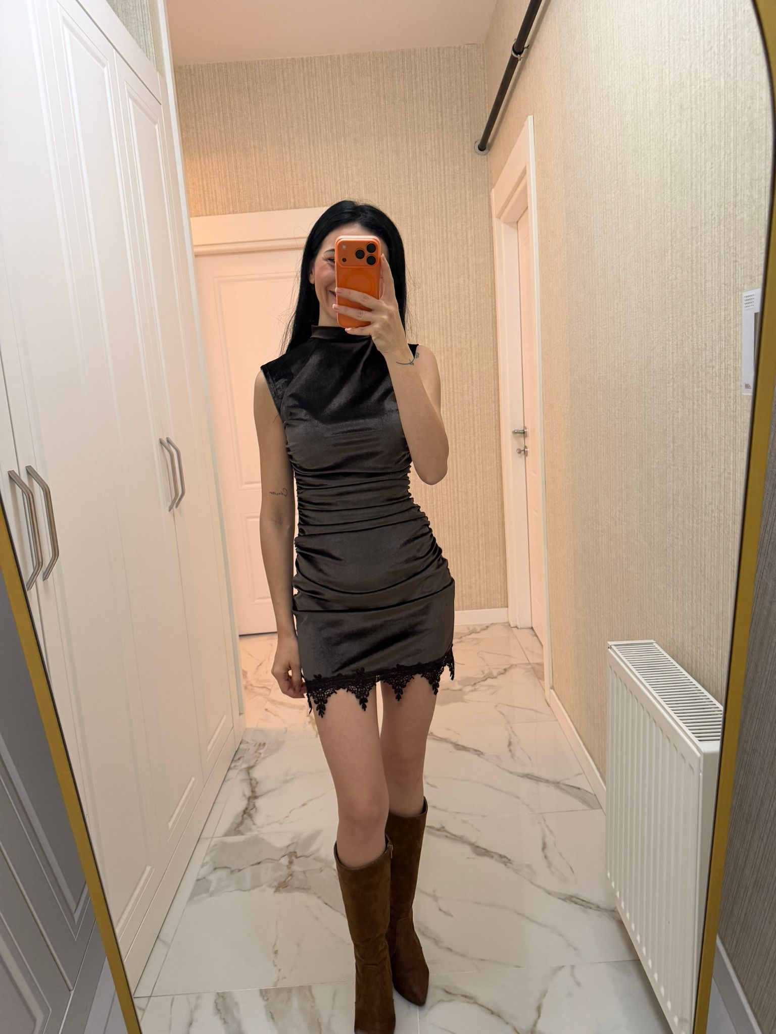 Kahverengi Drapeli Dantel Detay Kadife Elbise BF3093