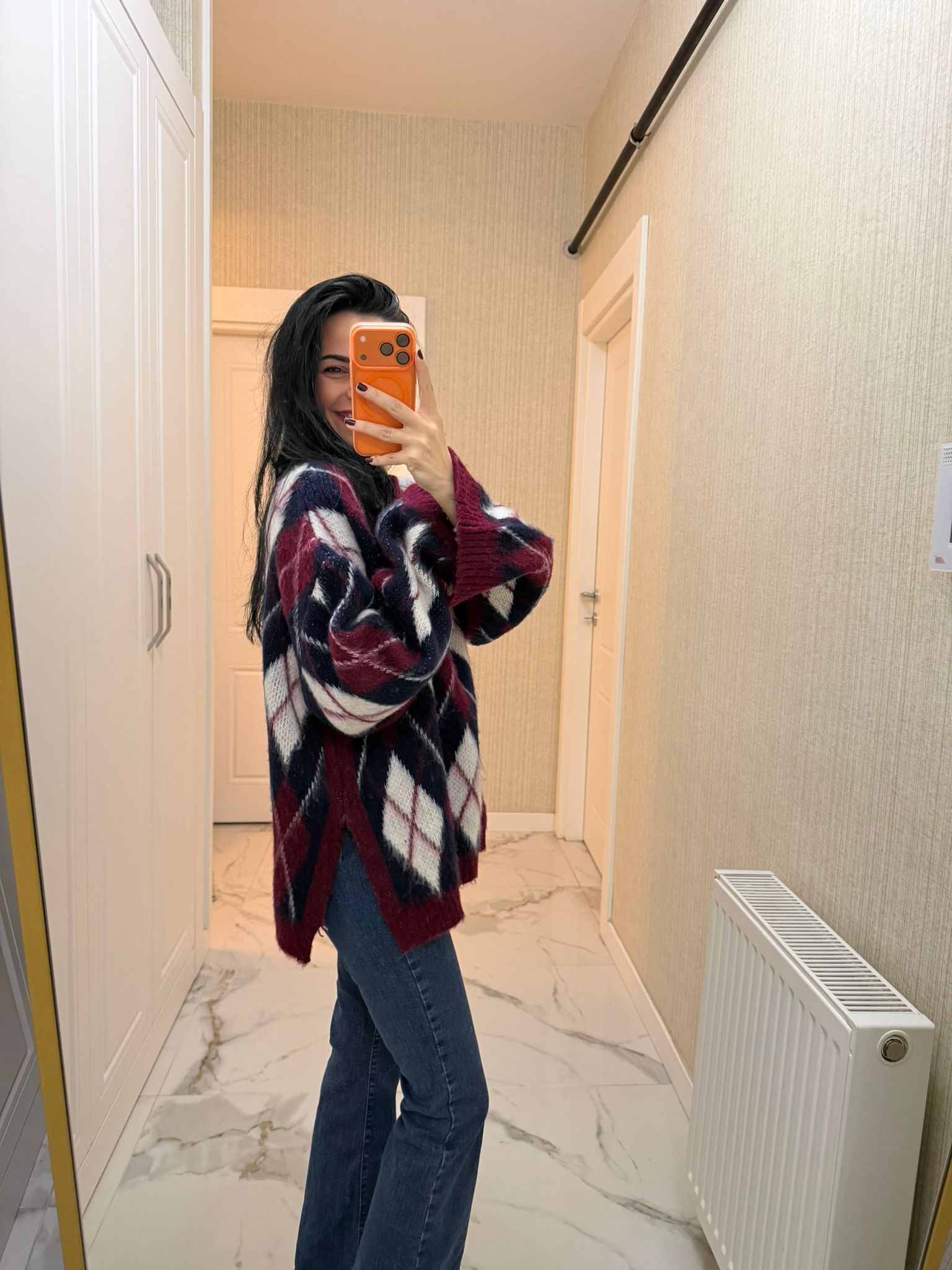 Lacivert Baklava Desen Yırtmaçlı Triko Kazak POM2366