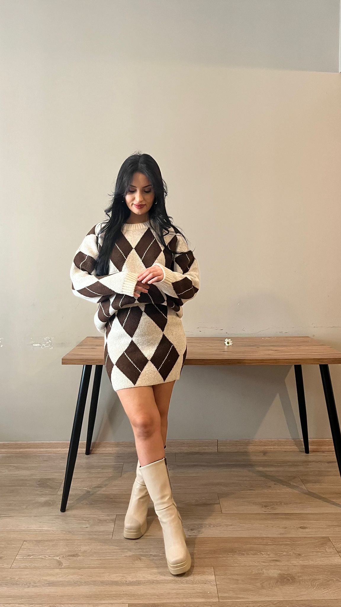 Kahverengi Baklava Desen Triko Takım MW259797