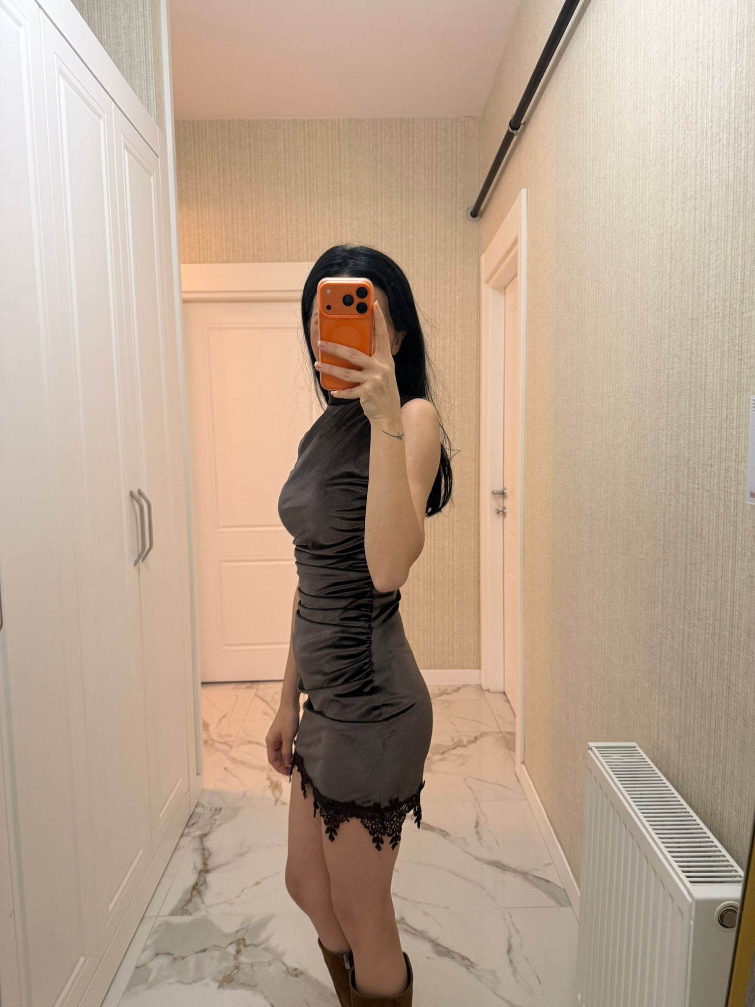 Kahverengi Drapeli Dantel Detay Kadife Elbise BF3093