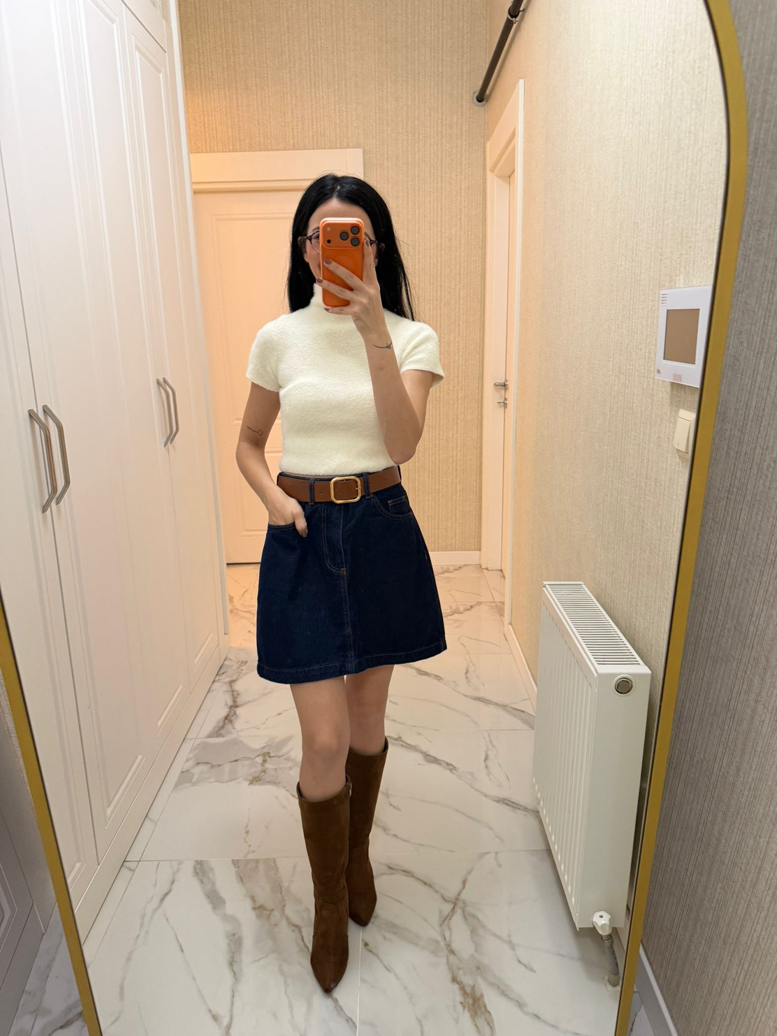 Lacivert Kemerli Mini Kot Etek XL1046-17