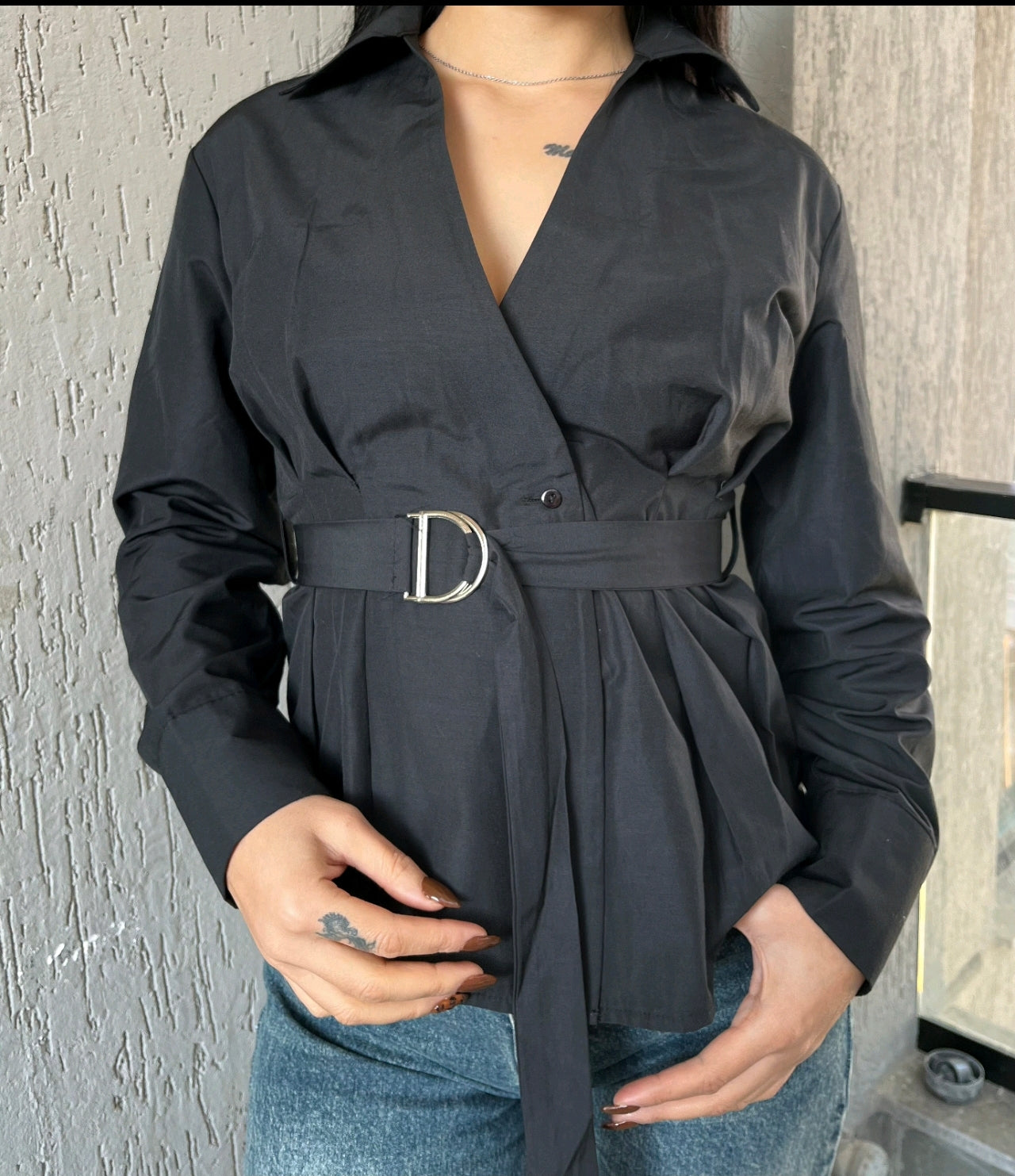 Beyaz Kemerli Poplin Gömlek W0799