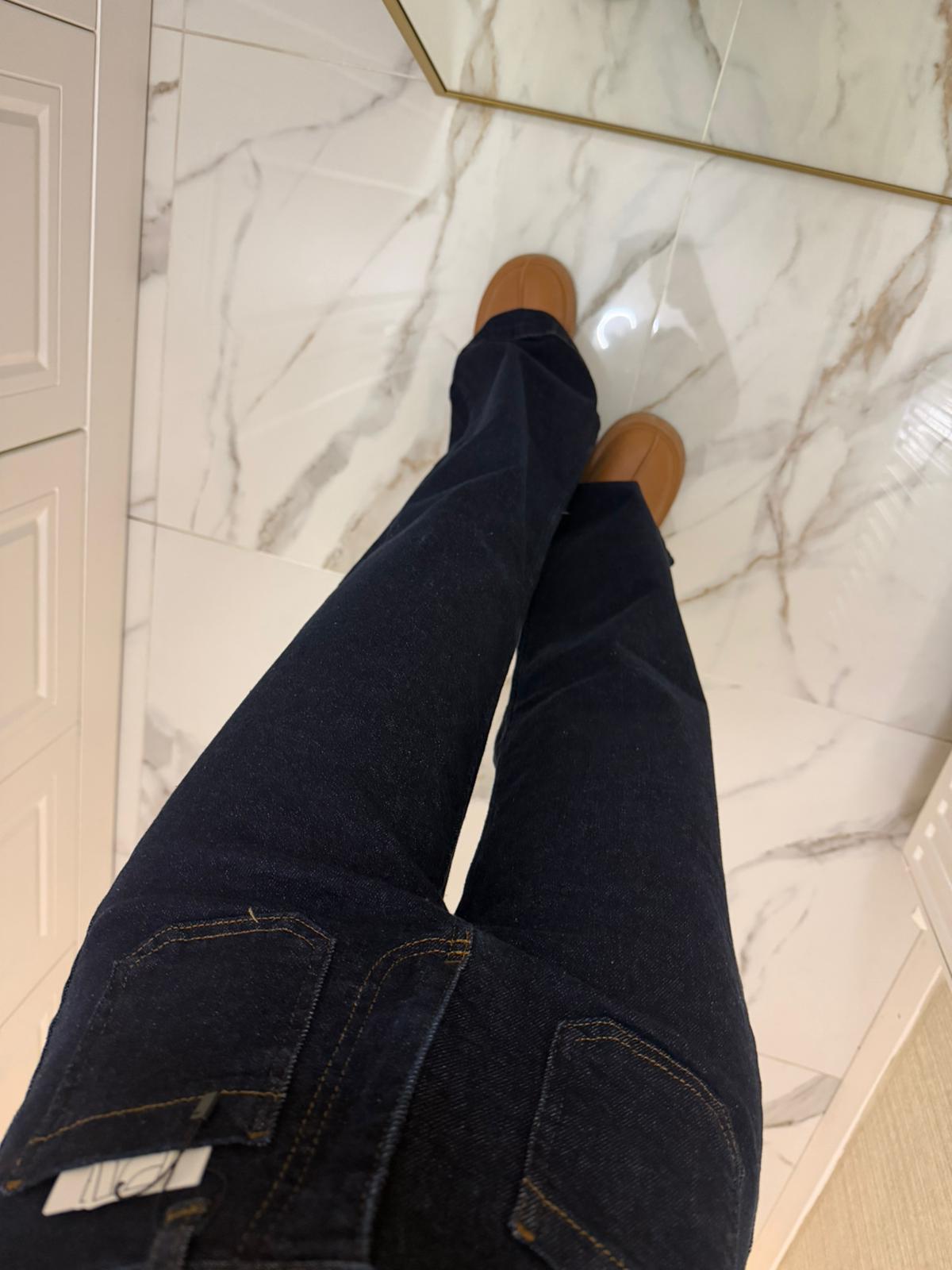 Lacivert Yüksek Bel Yama Cepli Kot Pantolon XL7079-17