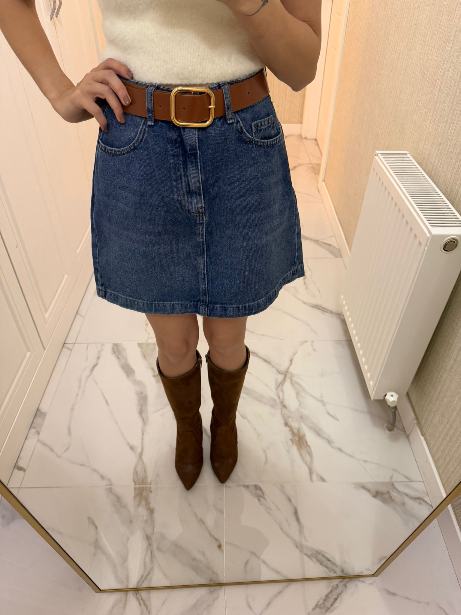 Mavi Kemerli Kot Etek XL1046-01