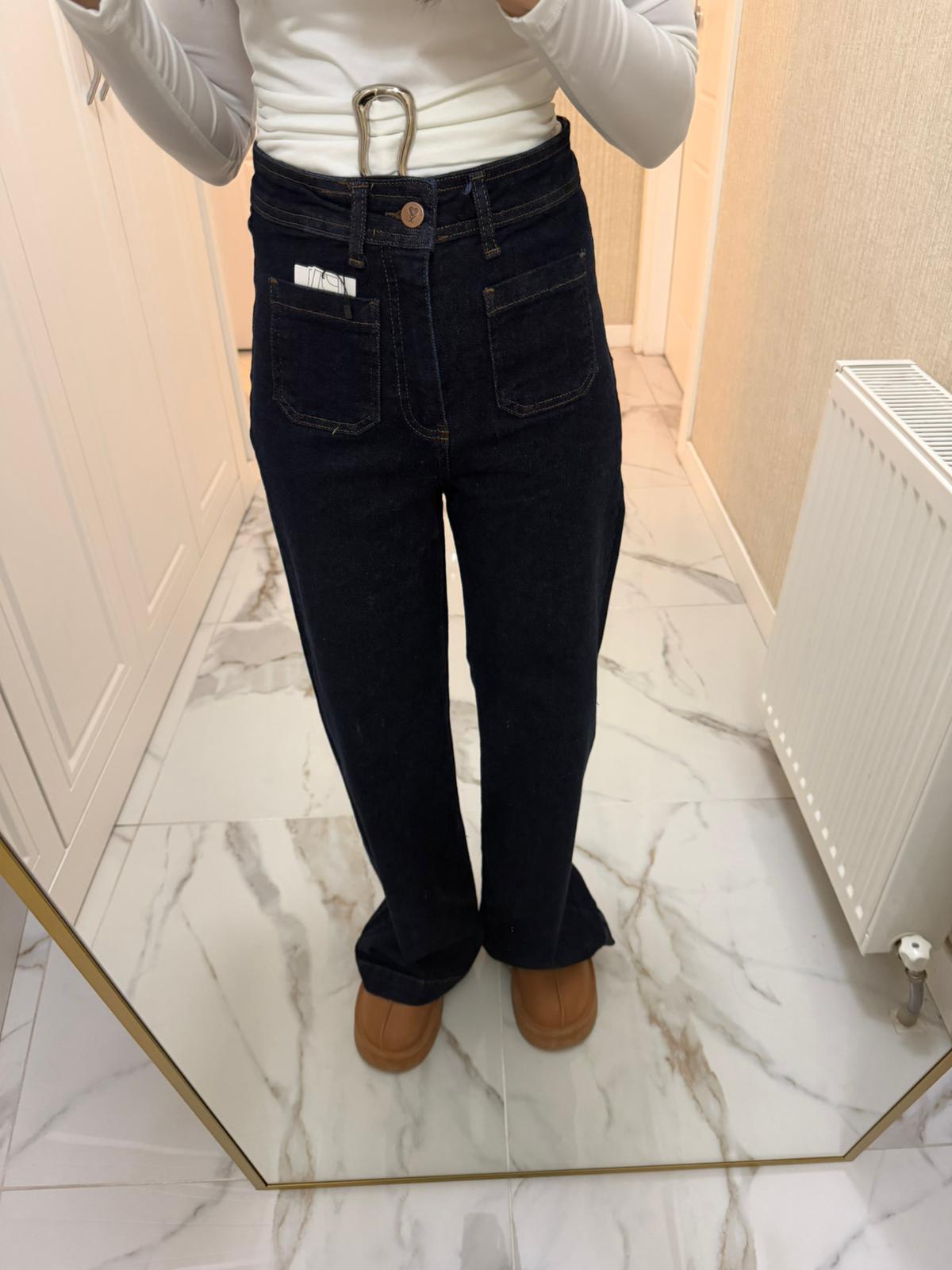 Lacivert Yüksek Bel Yama Cepli Kot Pantolon XL7079-17