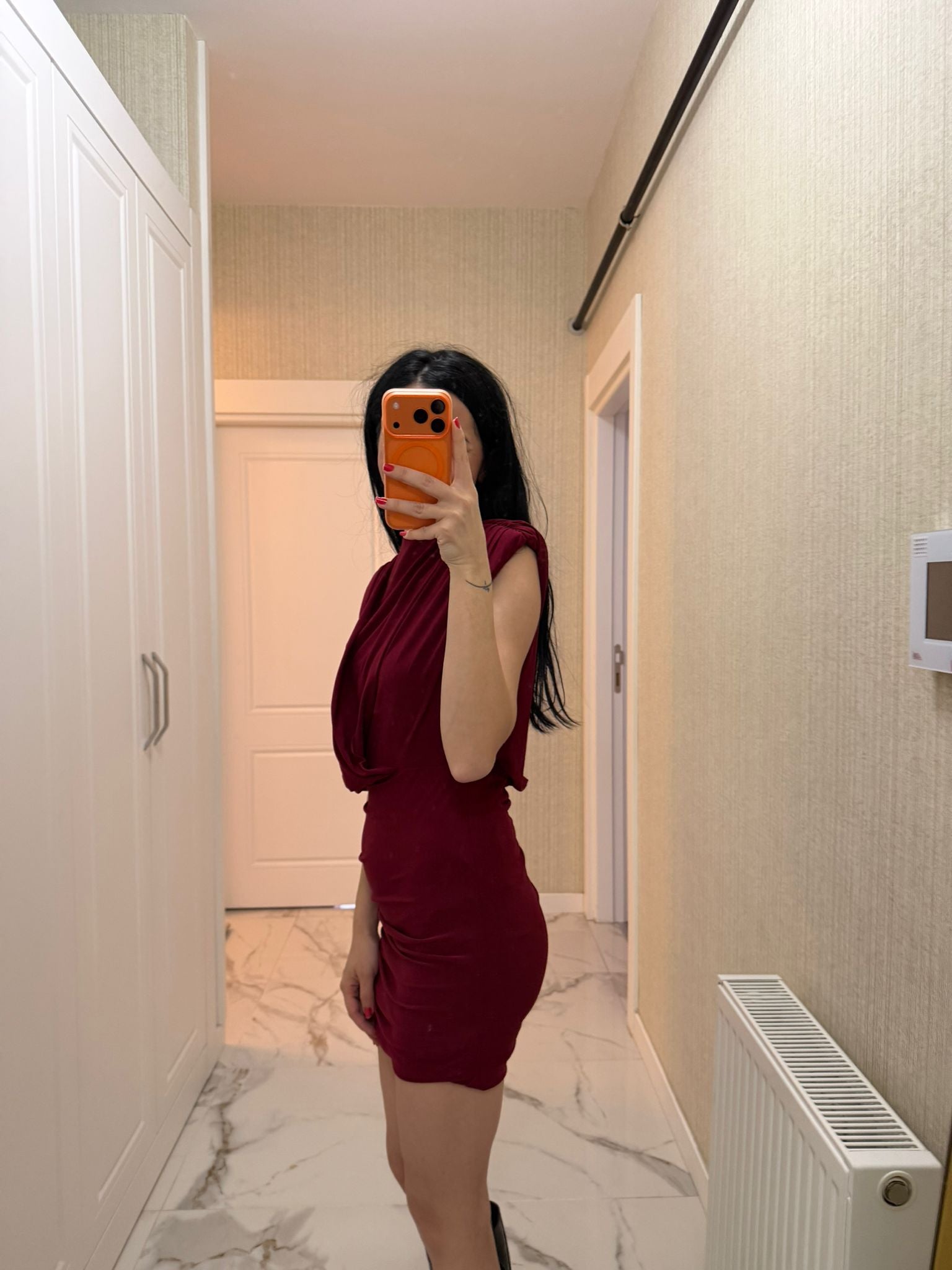 Bordo Vatkalı Drapeli Candy Mini Elbise S3919