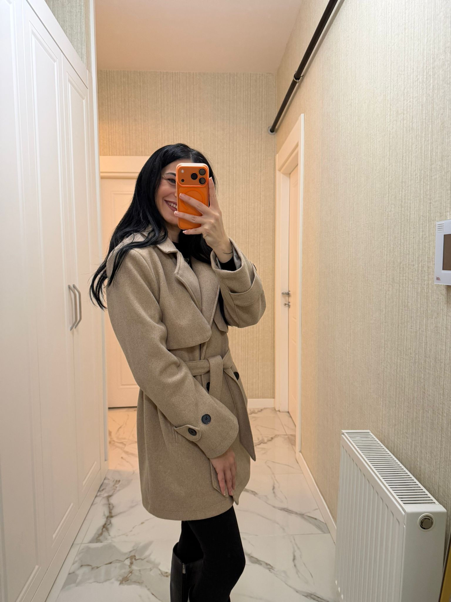 Bej Ara Boy Kaşe Kaban E2782