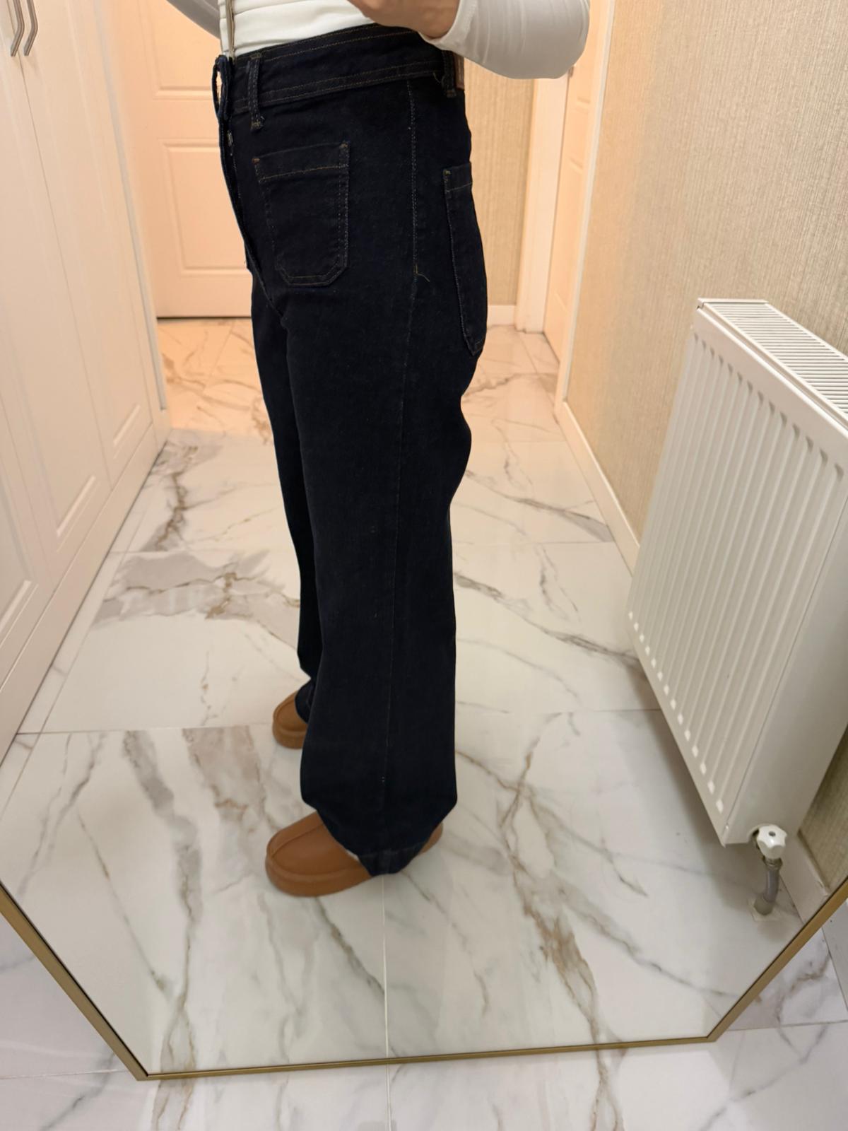 Lacivert Yüksek Bel Yama Cepli Kot Pantolon XL7079-17