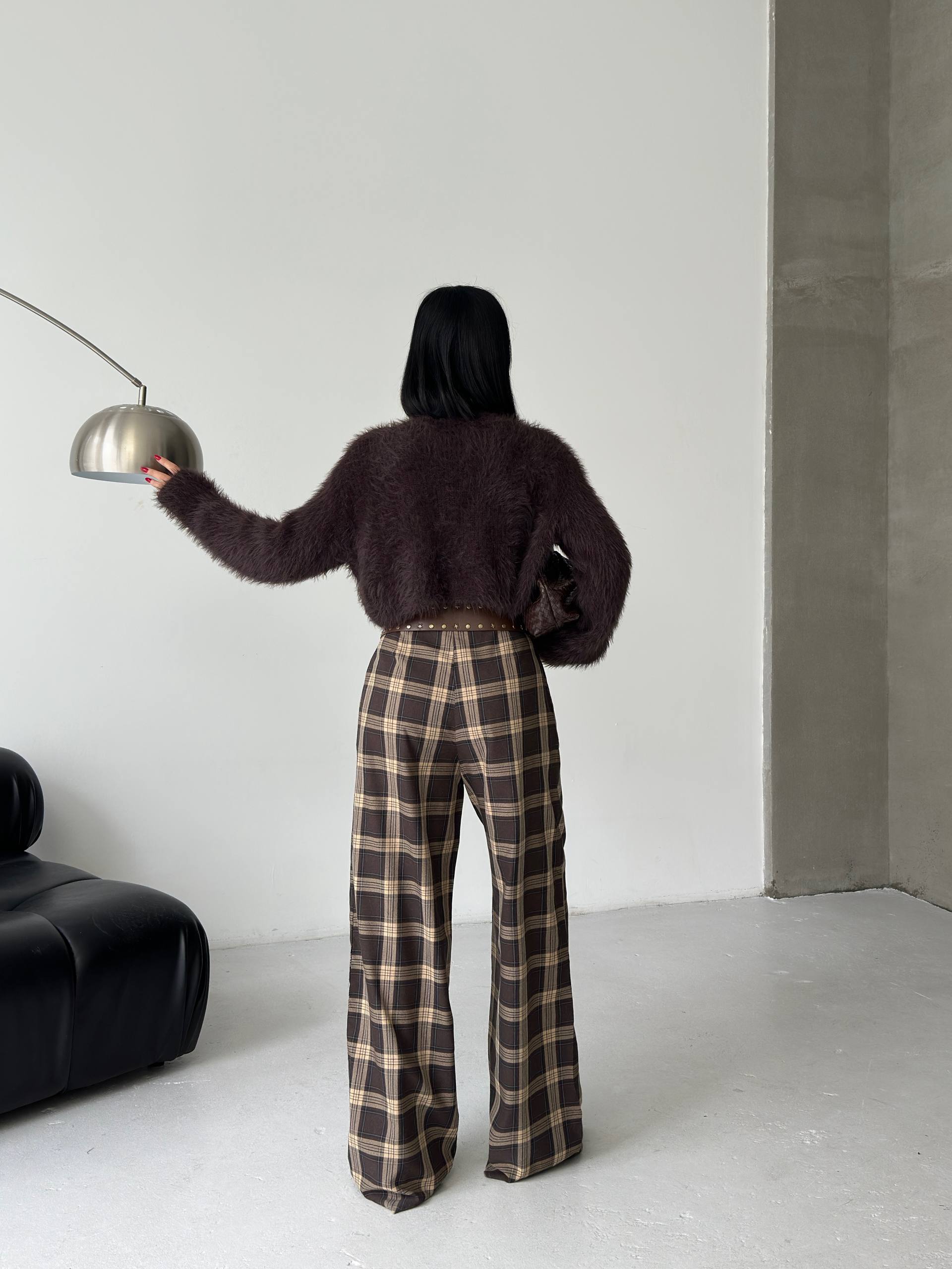 Kahverengi Yüksek Bel Ekose Pileli Pantolon MM1491