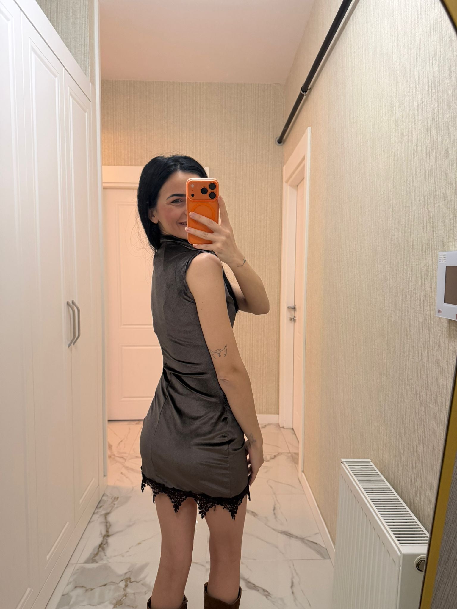 Kahverengi Drapeli Dantel Detay Kadife Elbise BF3093