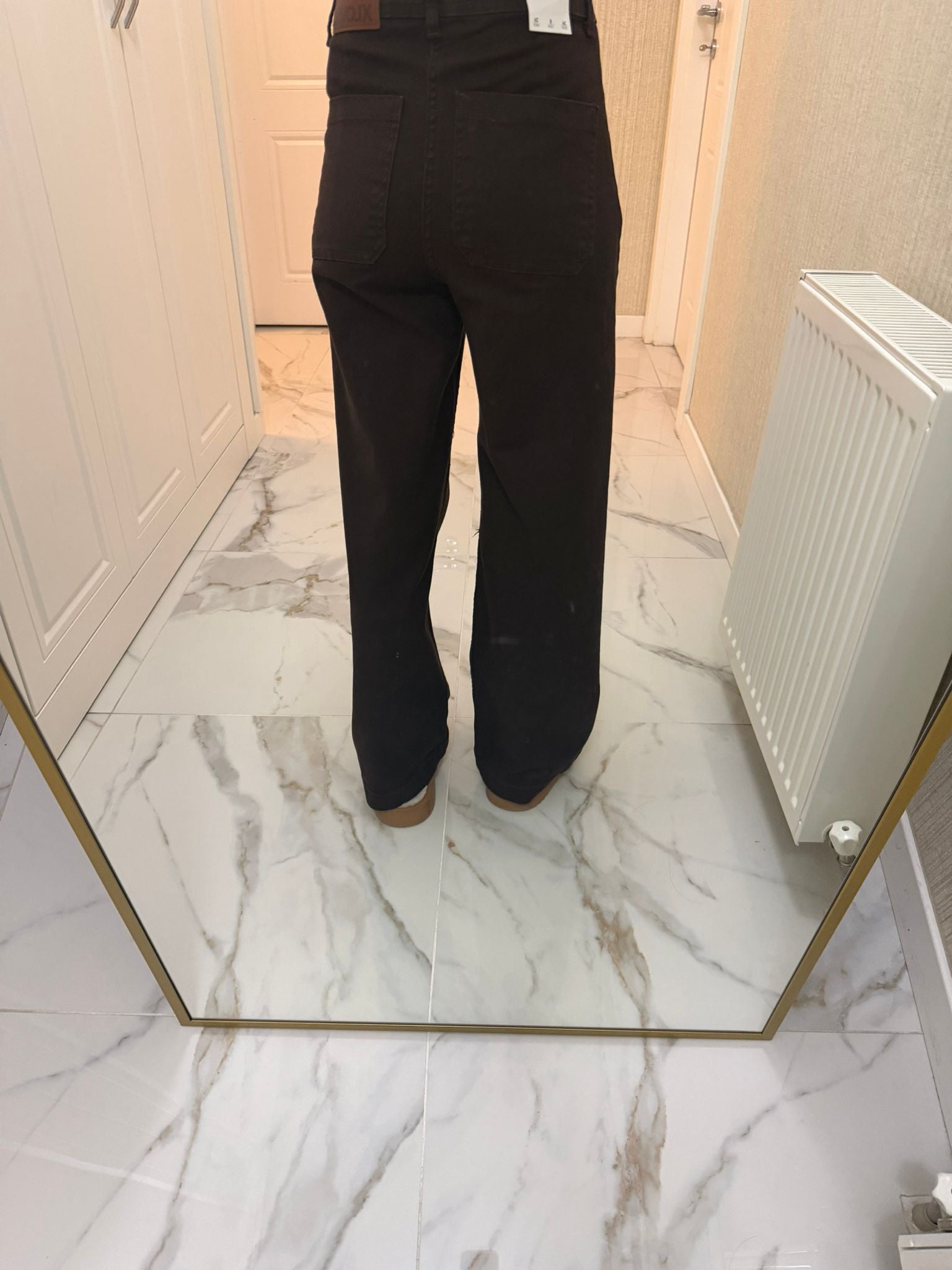 Kahverengi Yüksek Bel Yama Cepli Jean Pantolon XL7079-78