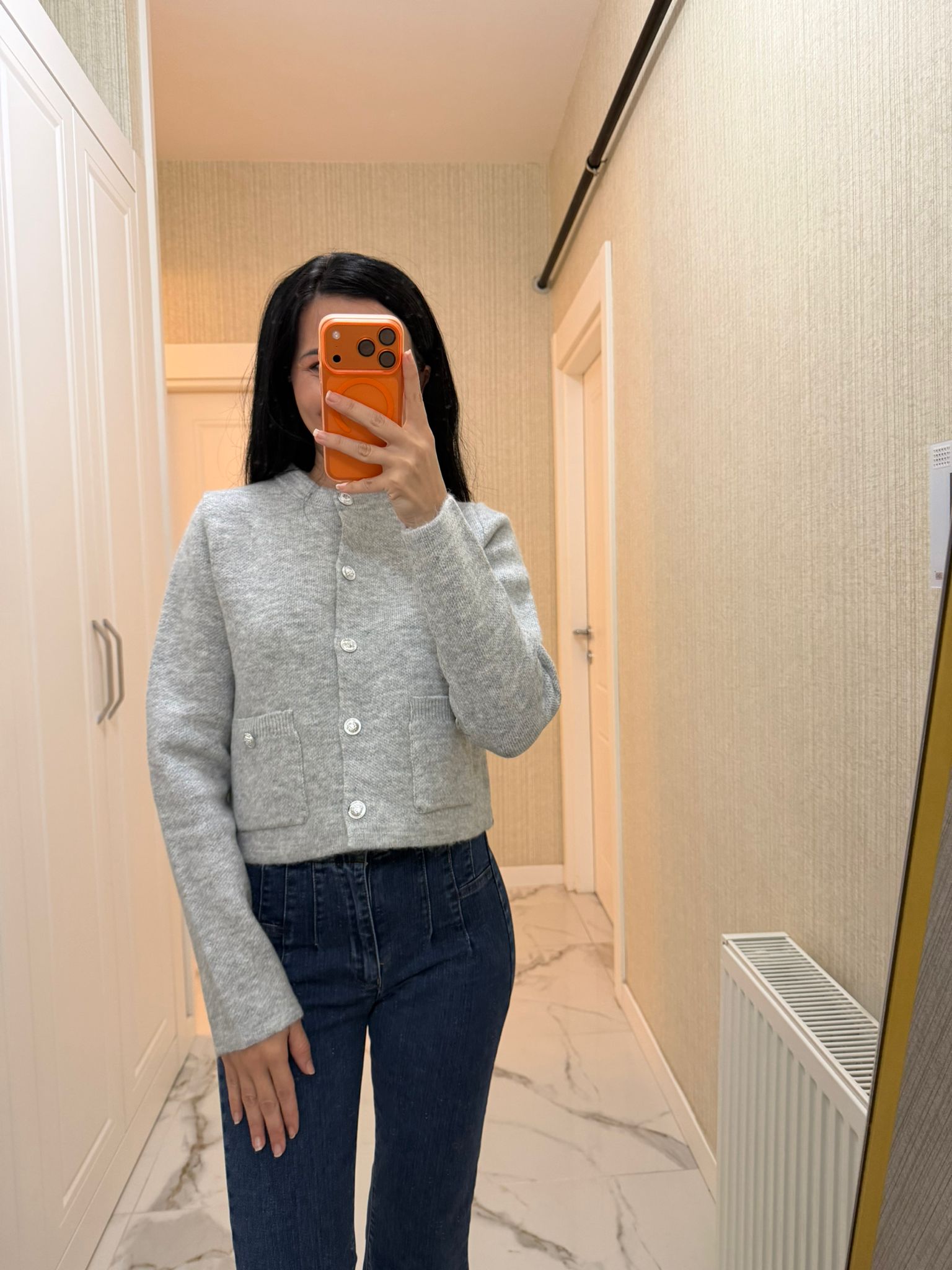 Gri Cepli Triko Hırka Z-TY045