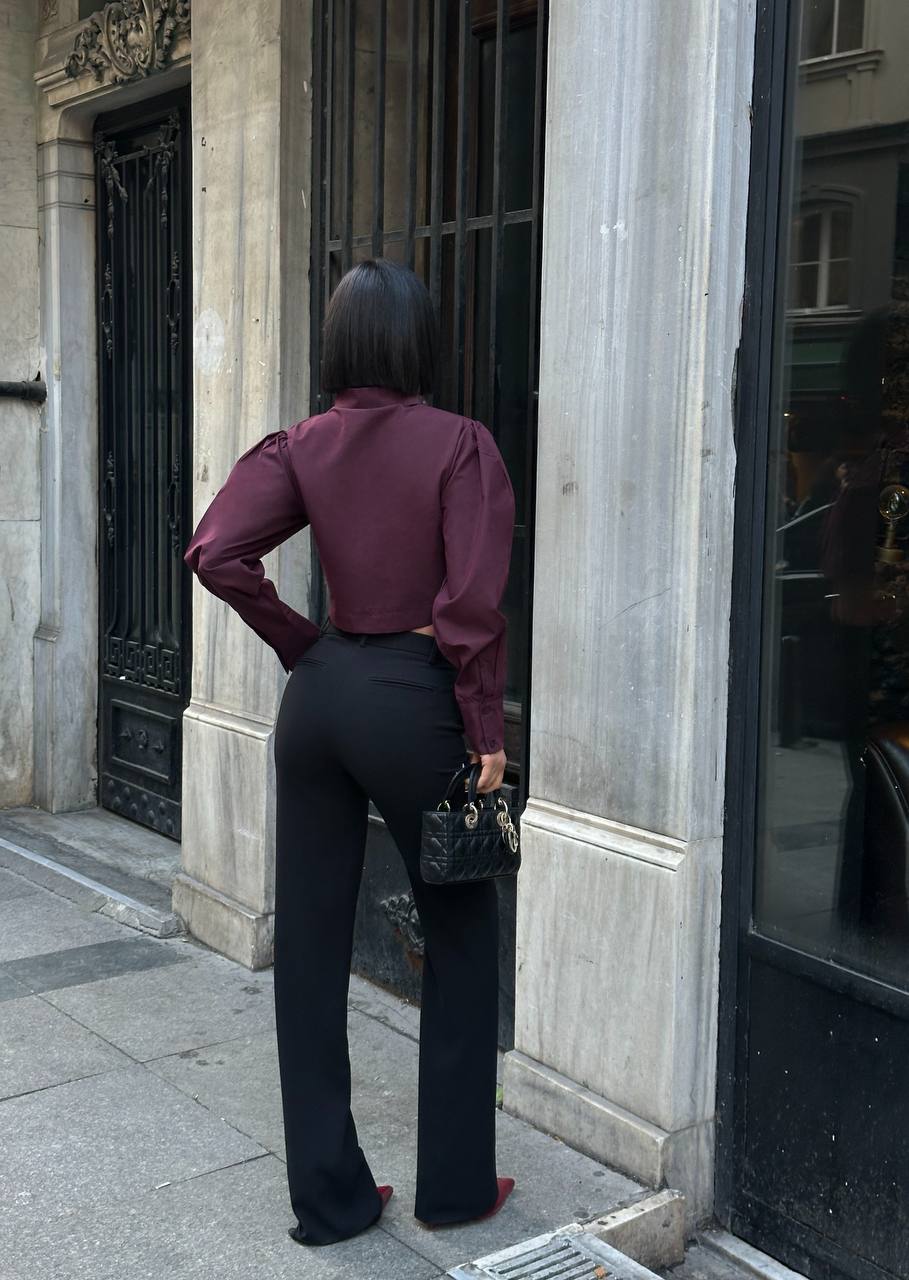 Bordo Asimetrik Kesim Tasarım Crop Gömlek E-221784