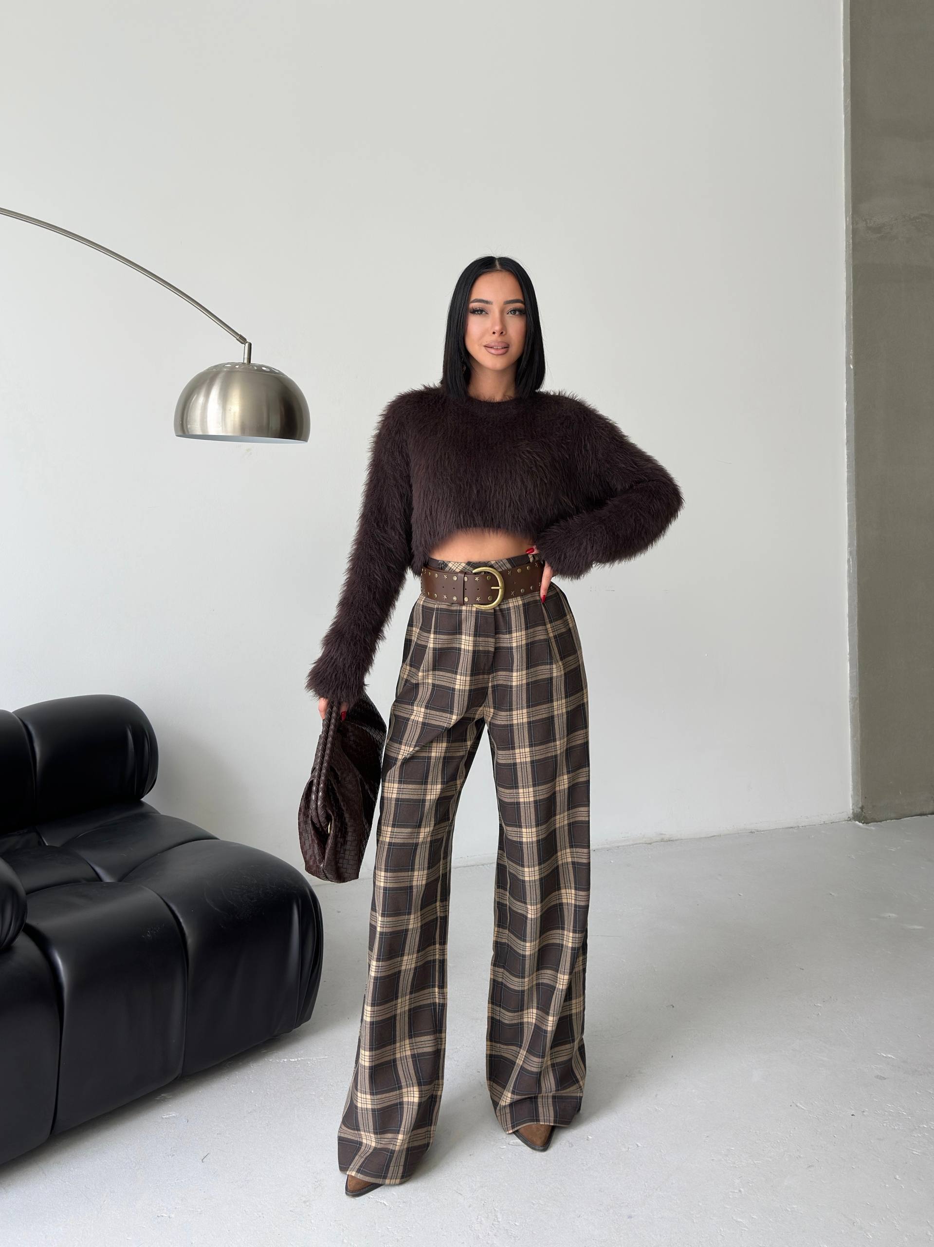 Kahverengi Yüksek Bel Ekose Pileli Pantolon MM1491