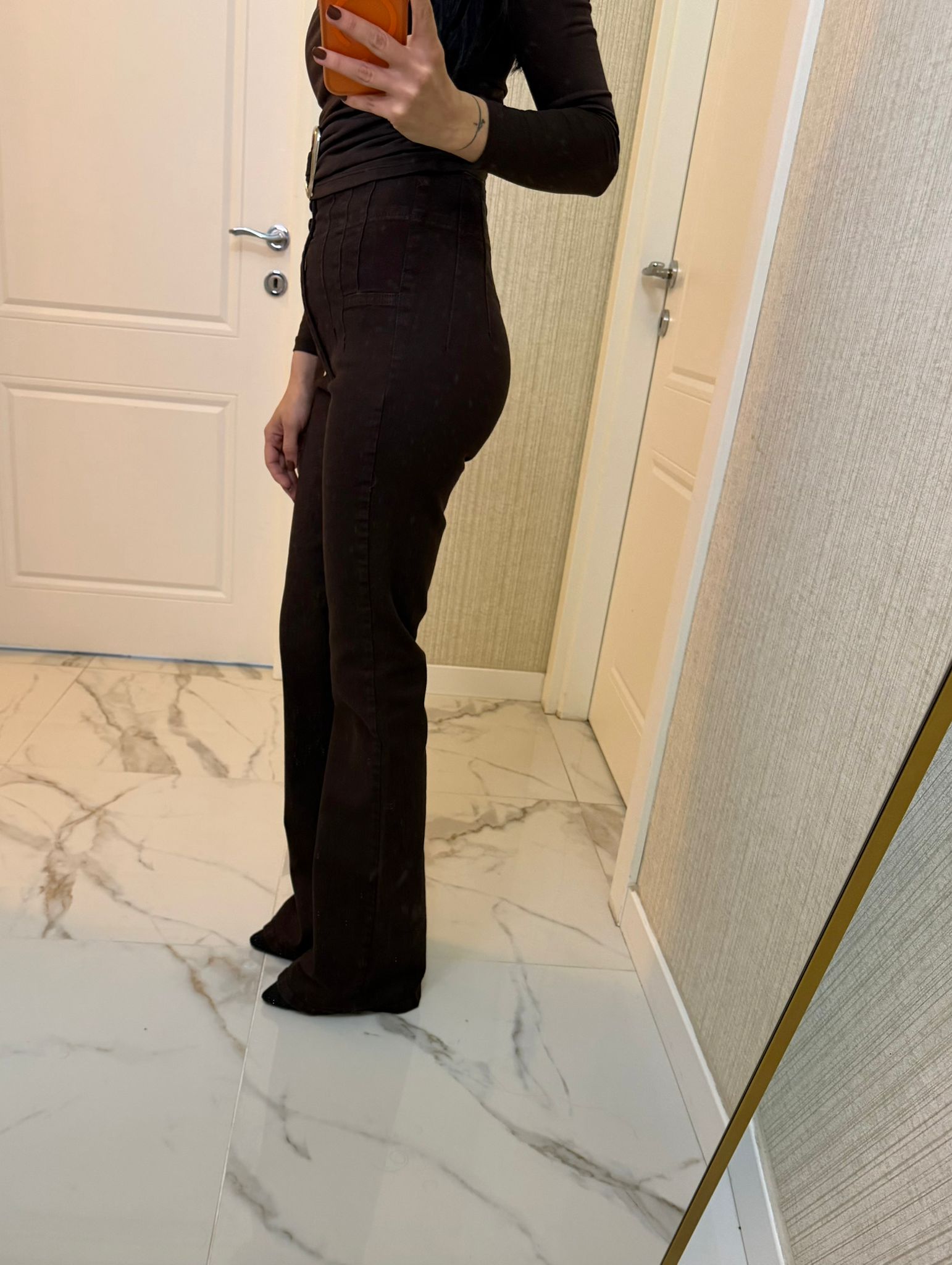 Kahverengi Pensli İspanyol Paça Jeans Pantolon XL7021-78