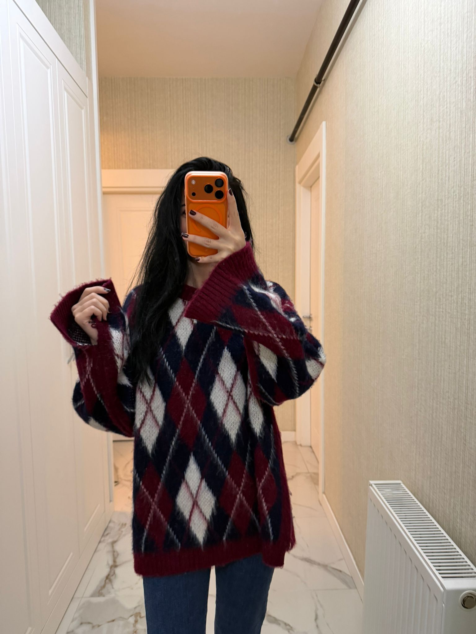 Lacivert Baklava Desen Yırtmaçlı Triko Kazak POM2366