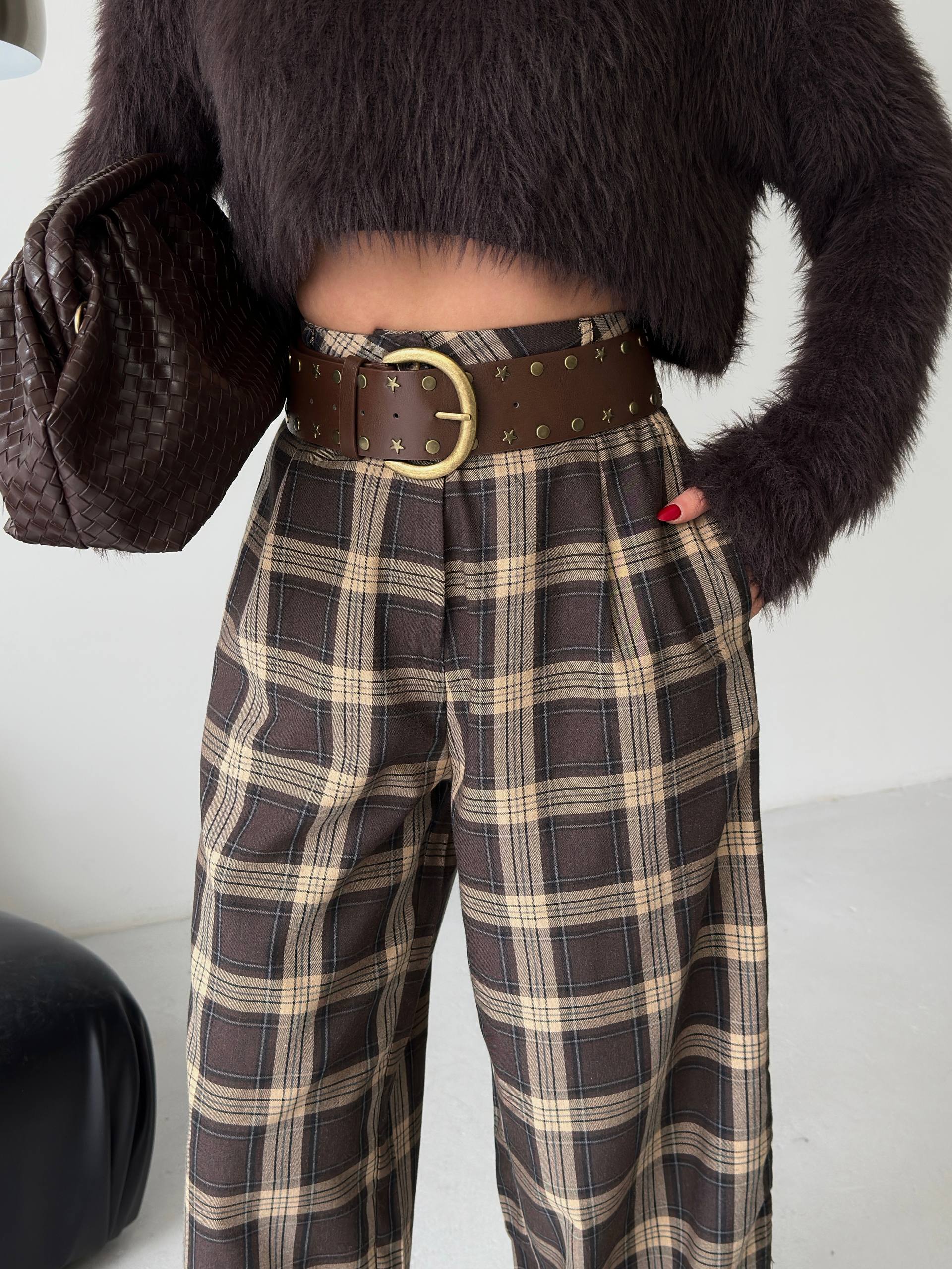 Kahverengi Yüksek Bel Ekose Pileli Pantolon MM1491