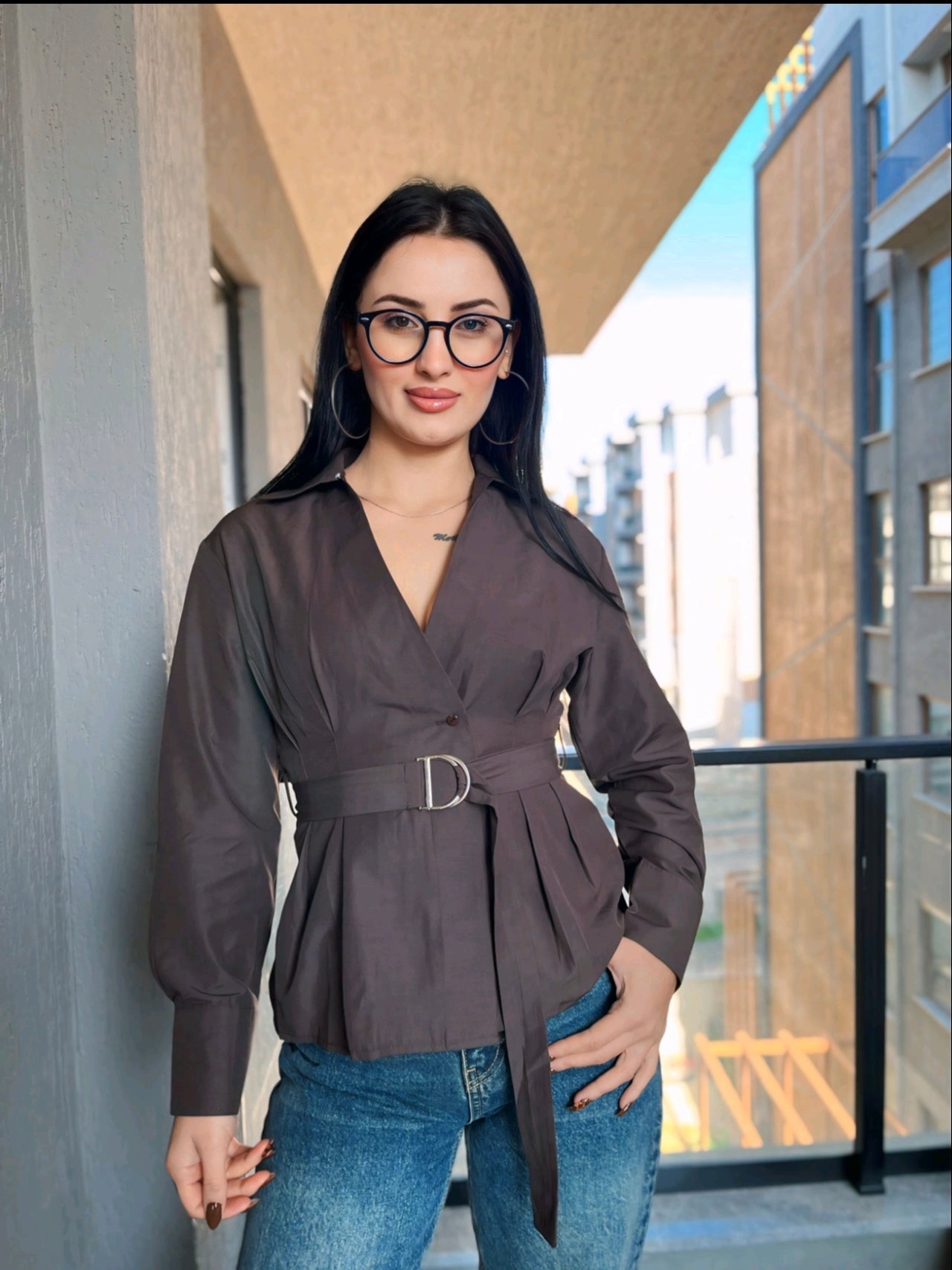 Kahverengi Kemerli Poplin Gömlek W0799