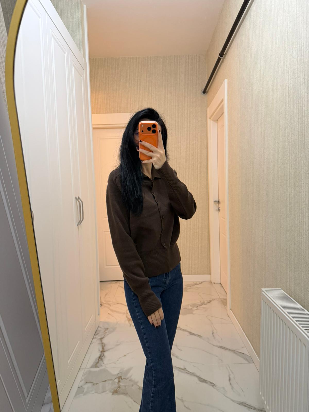 Kahverengi Polo Yaka İnce Triko Kazak POM-2587