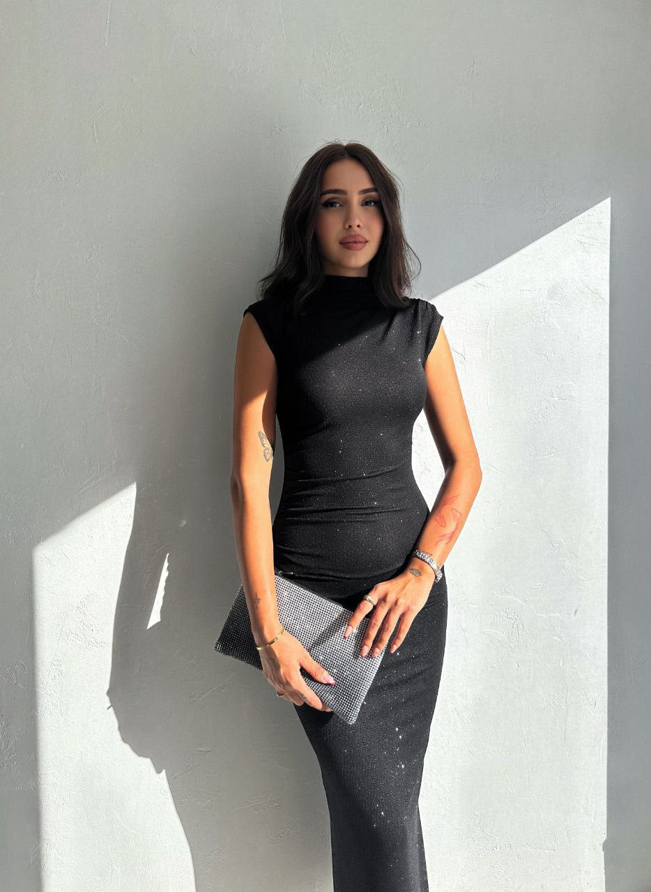 Siyah Simli Slim Elbise KL3648