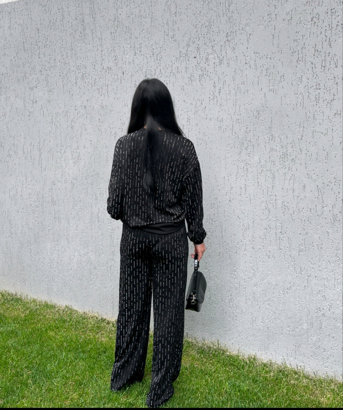 Siyah Modal Kumaş Full Taşlı Eşofman Takımı ATS4213