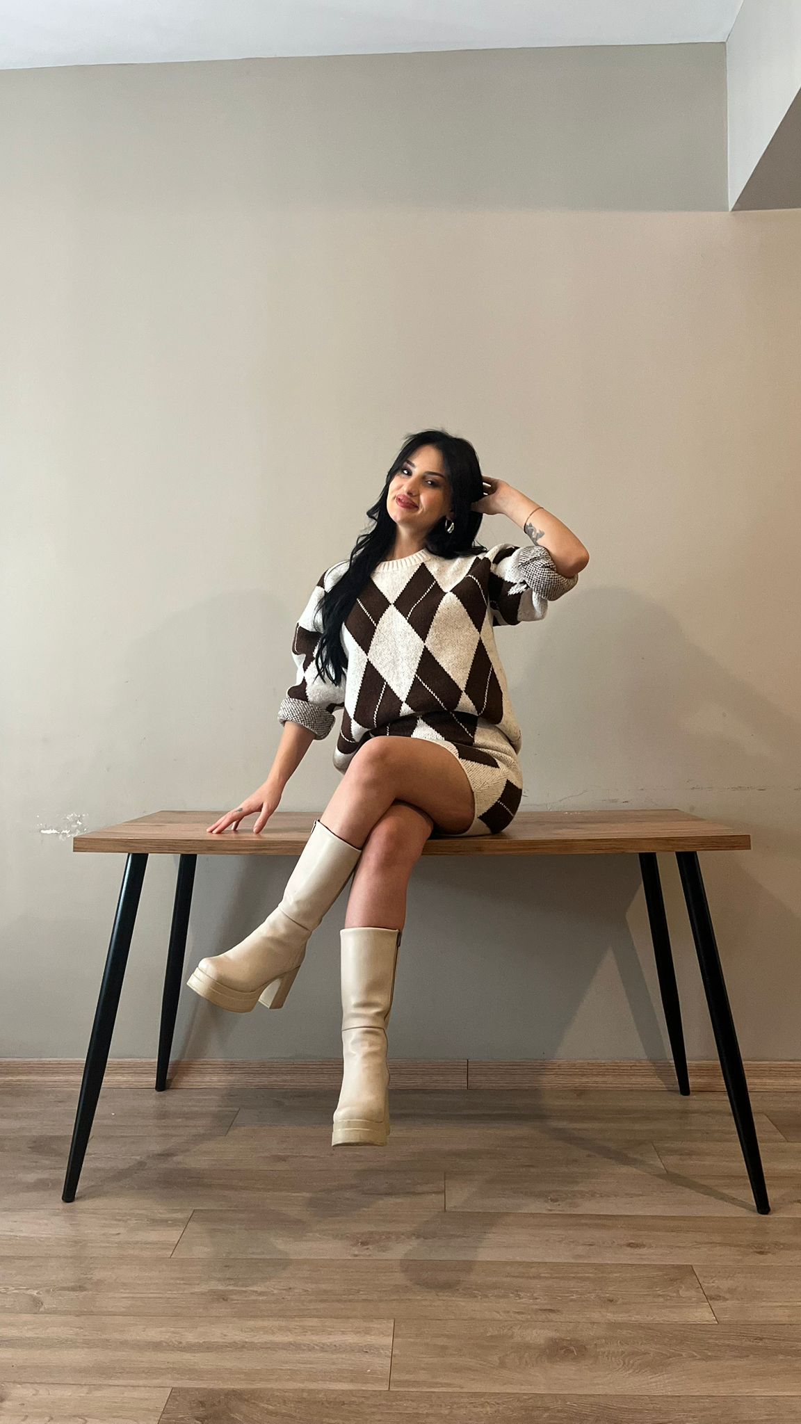 Kahverengi Baklava Desen Triko Takım MW259797