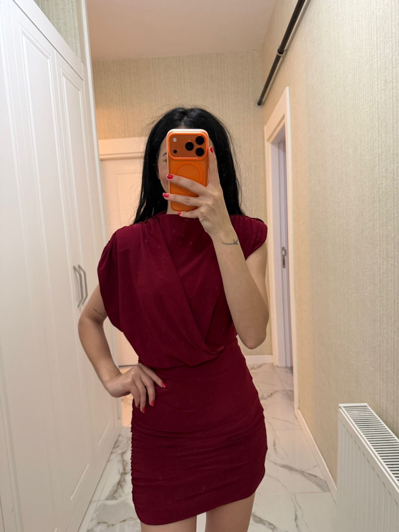 Bordo Vatkalı Drapeli Candy Mini Elbise S3919