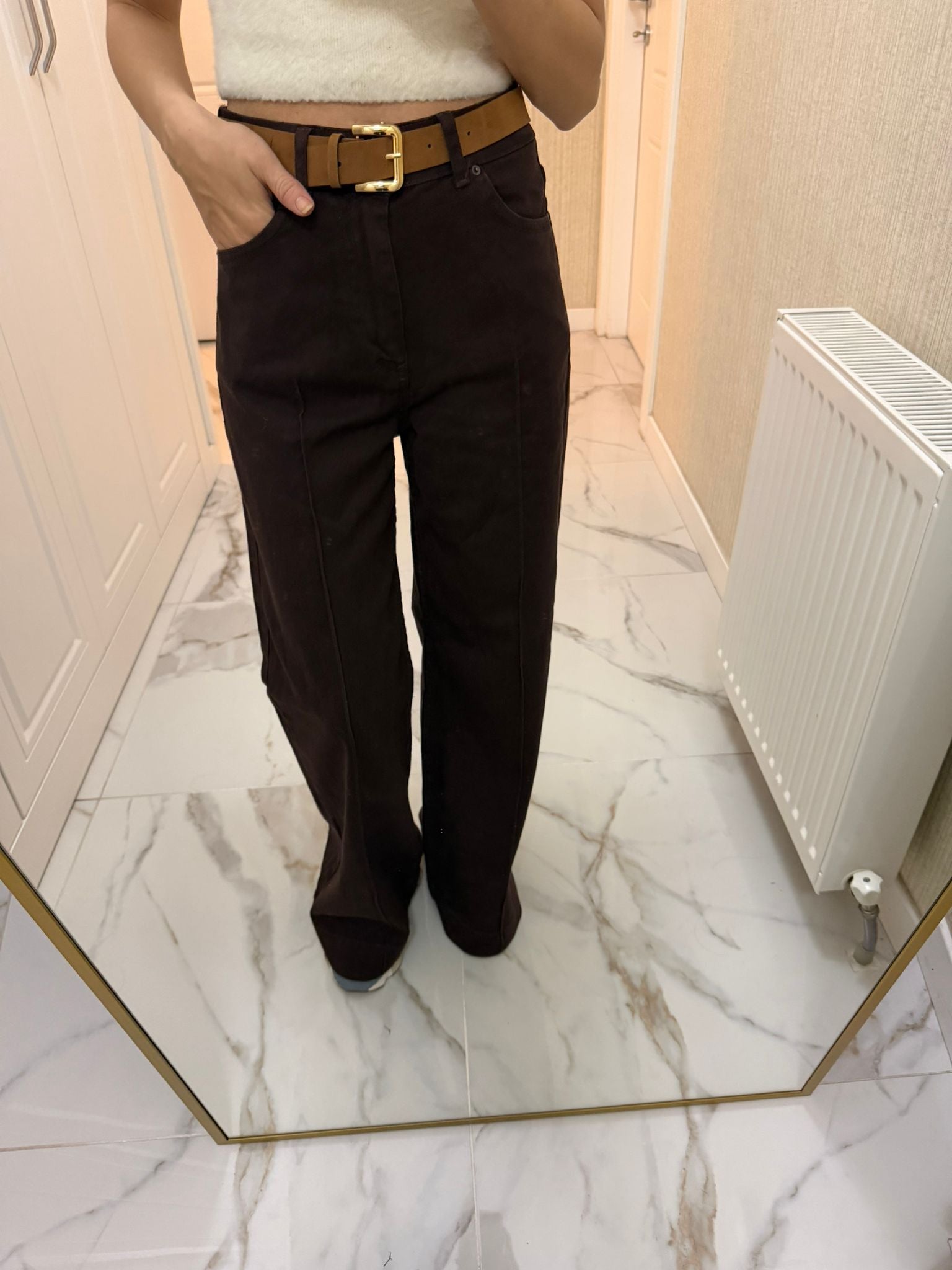 Kahverengi Kemerli Çimalı Bol Paça Pantolon