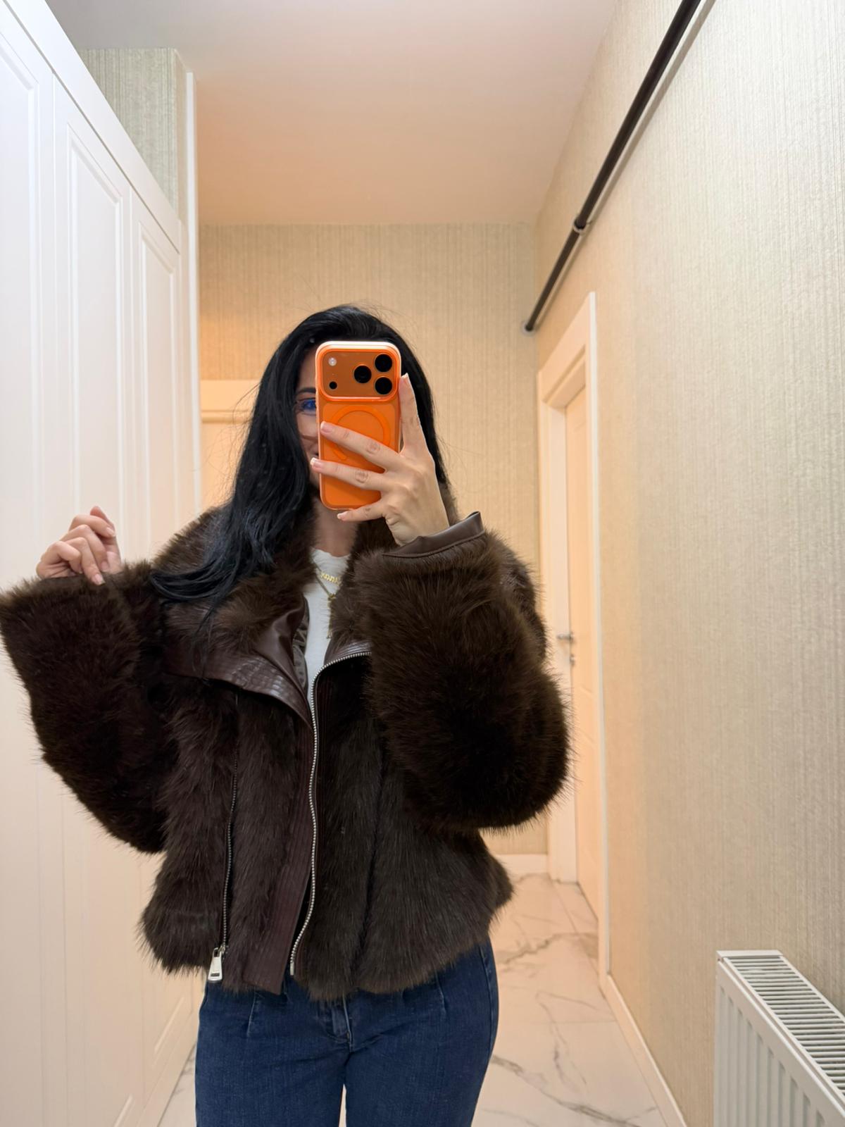 Kahverengi Şal Yaka Suni Kürk KF-7632