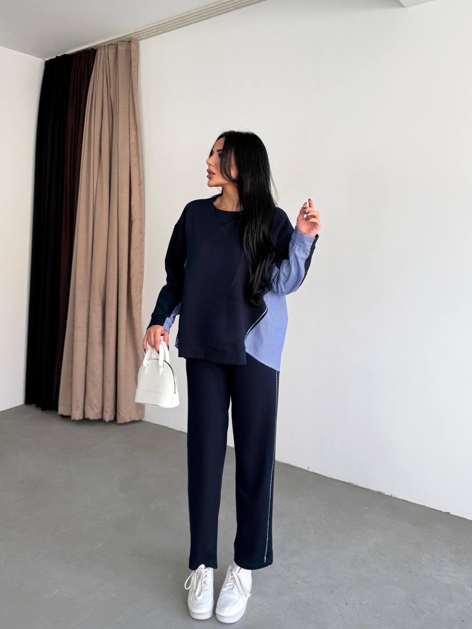 Lacivert Yanları Taş Detay Garnili Eşofman Takımı KF-7631