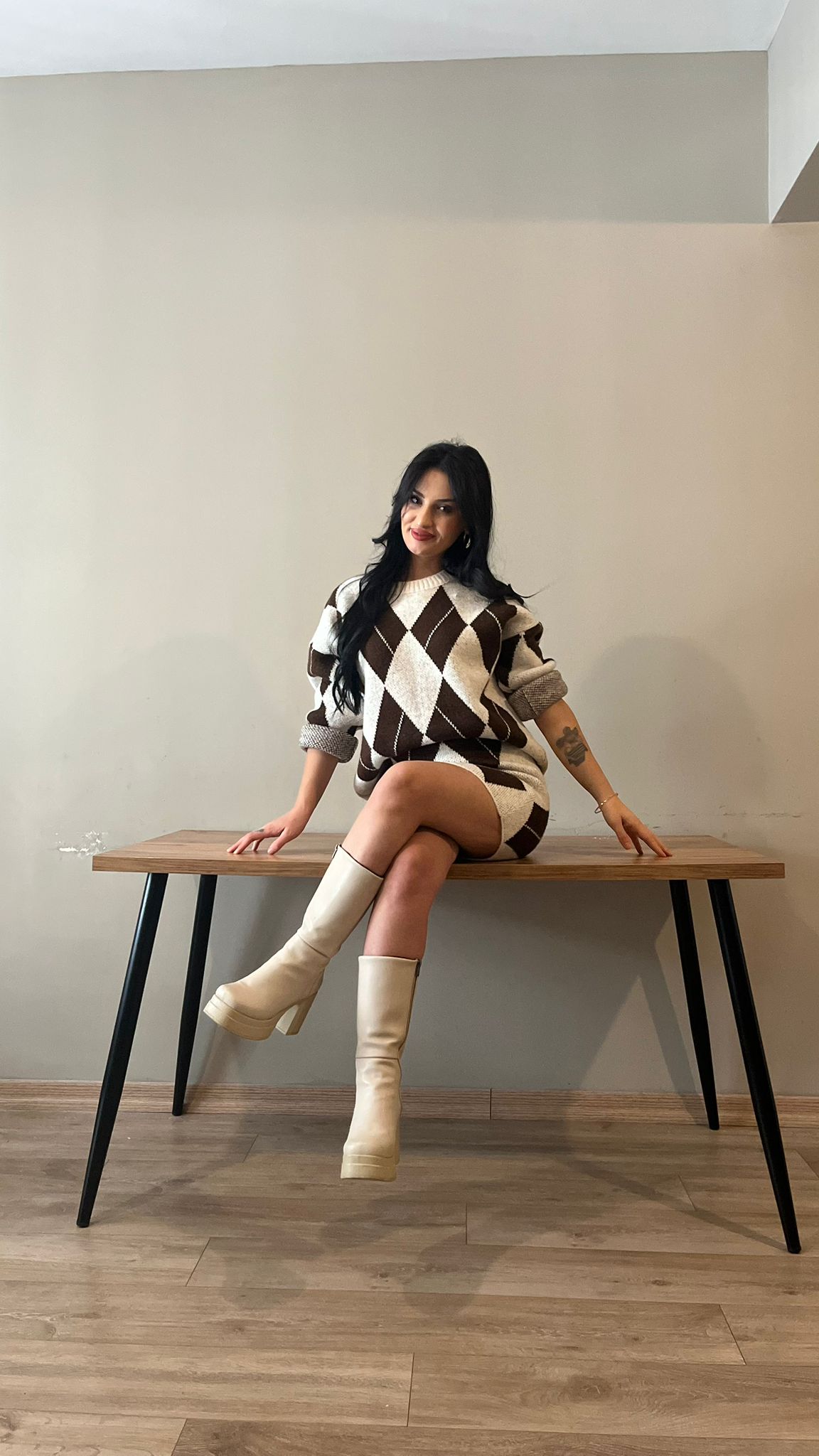 Kahverengi Baklava Desen Triko Takım MW259797