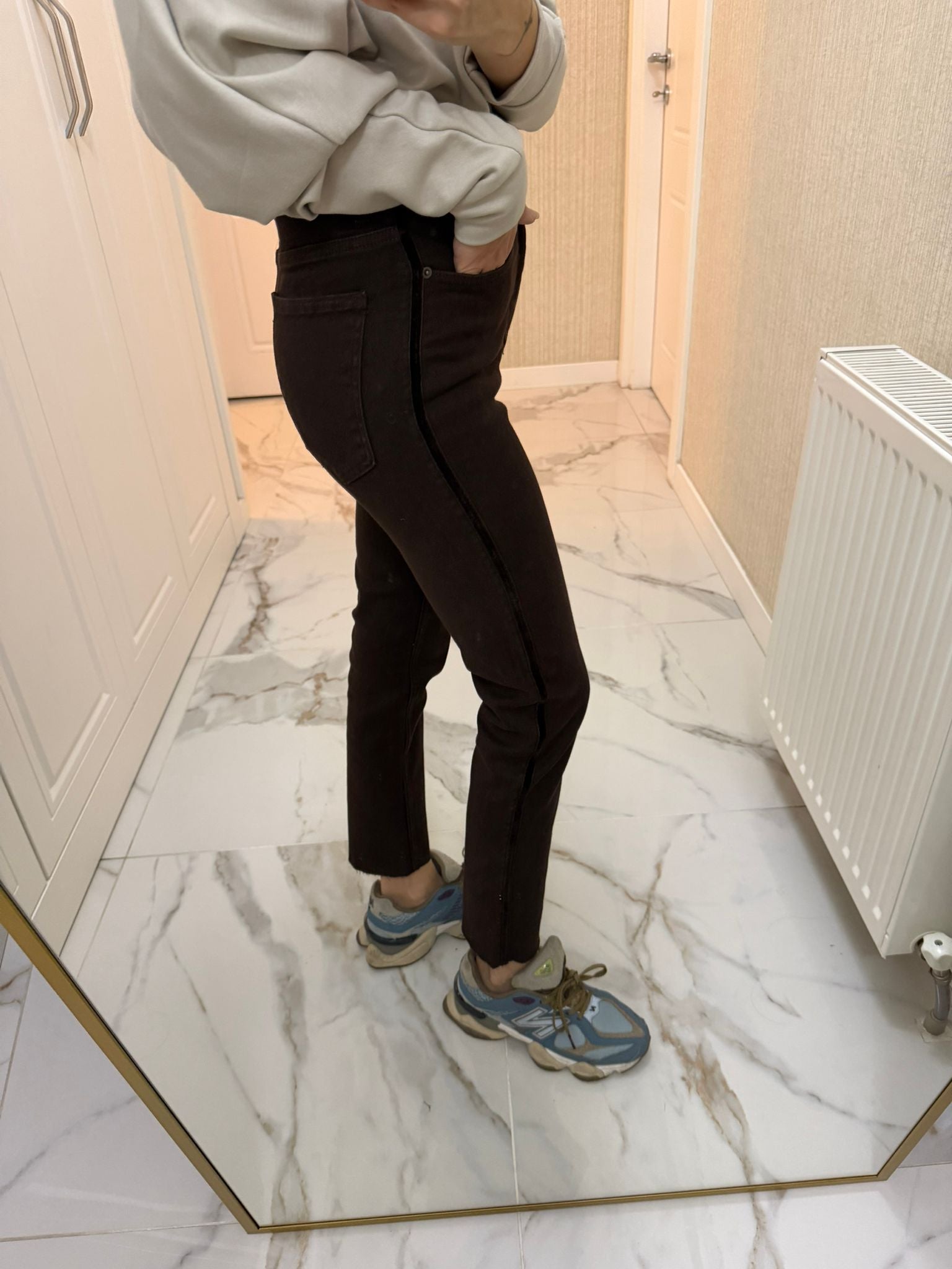 Kahverengi Yanı Şeritli Mom Jean Pantolon