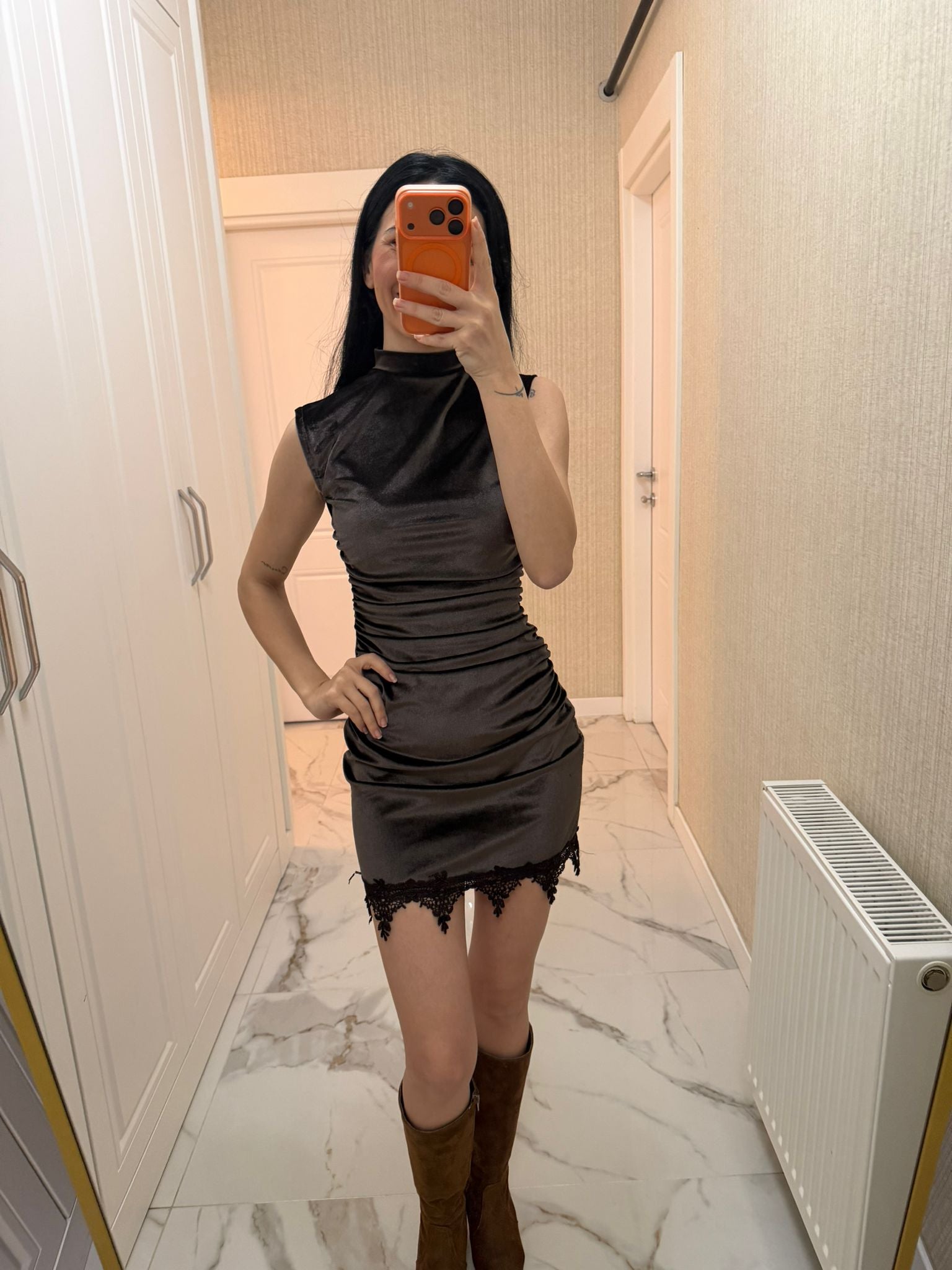 Kahverengi Drapeli Dantel Detay Kadife Elbise BF3093