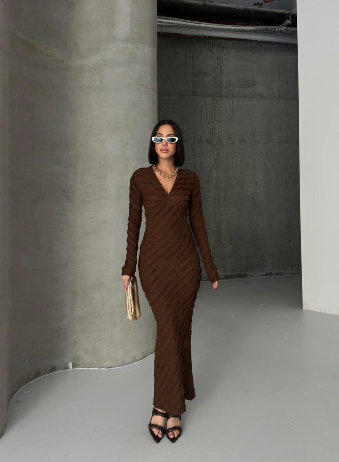 Siyah Fırfırlı V Yaka Elbise S-1324